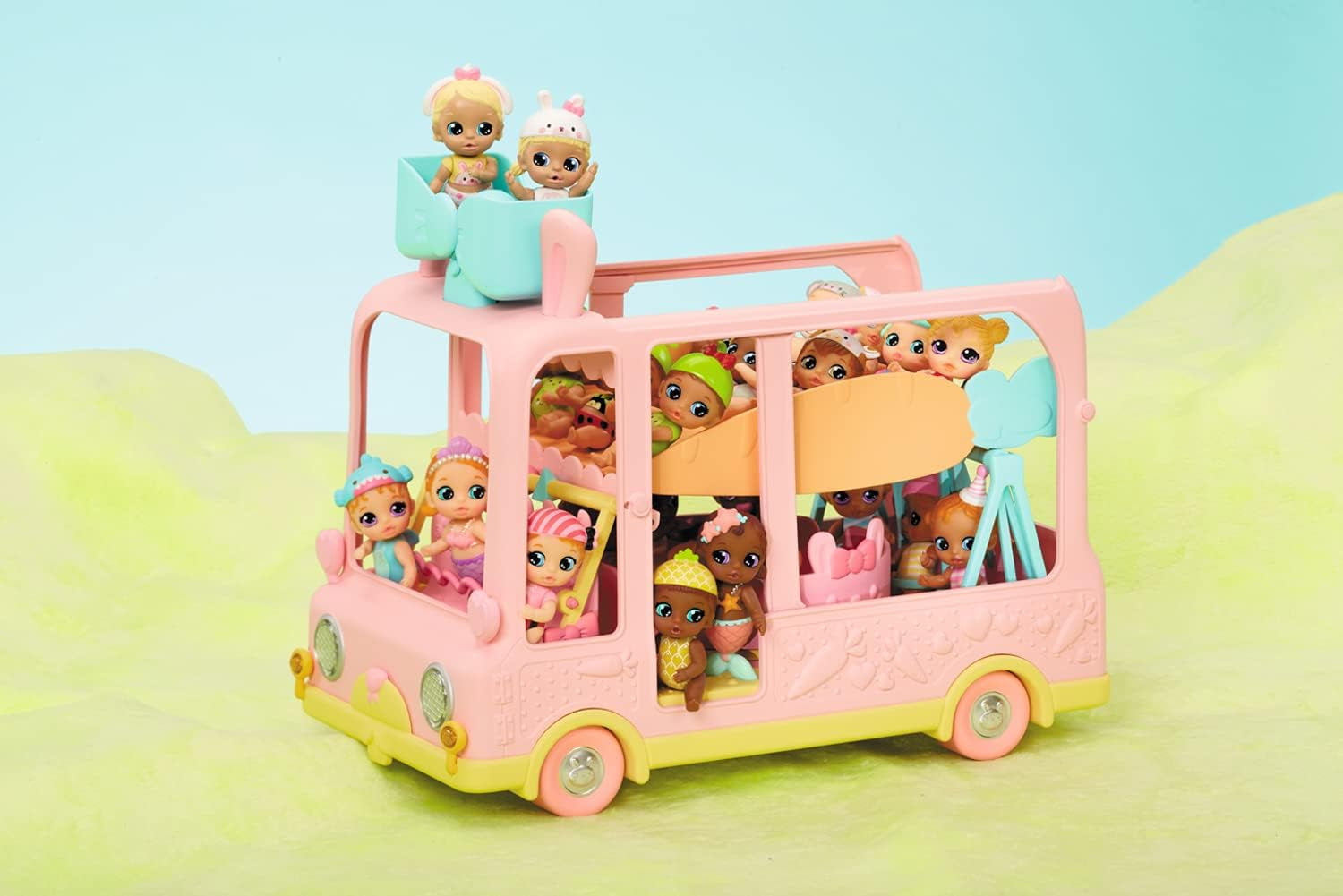 BABY born 904763 Baby Surprise Bus - roze minipoppenspeelgoedbus met 2 exclusieve poppen, drievoudige kinderwagen, schommel, carrousel, glijbaan en drievoudige schommel.
