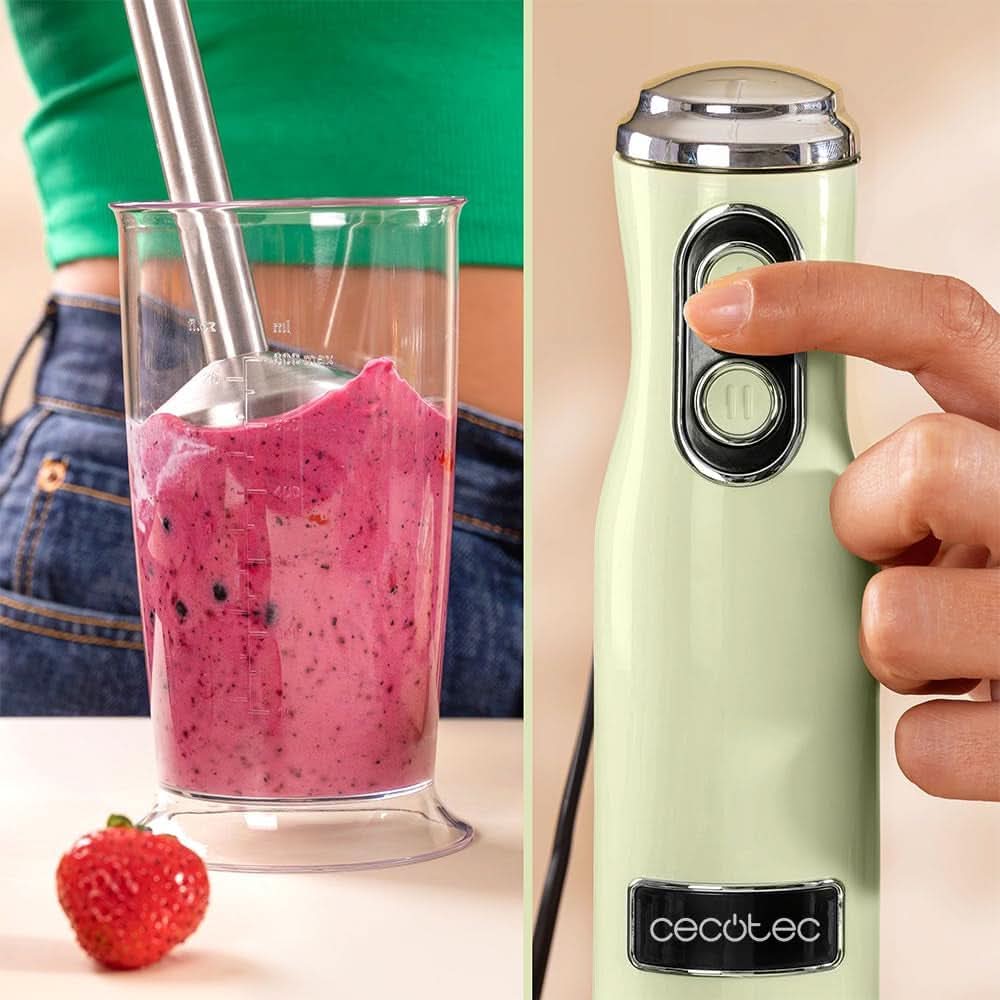 Cecotec Stabmixer Power Retrogreen 1200MAX Cream&Crush, Maximalleistung 1200 W, Crossblades-technologie, 2 snelheden, Zubehörset Spülmaschinenfest, Spritzschutzhaube Kitchen Naty Shop
