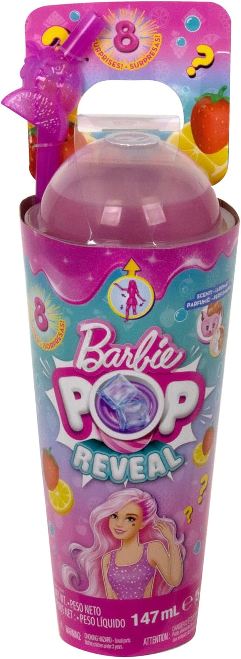 Barbie Pop Reveal Fruit - Verrassingspoppen met 8 fruitige verrassingen, waaronder een positioneerbare pop met de geur van aardbeienlimonade en een donzige puppy, vanaf 3 jaar, HNW41