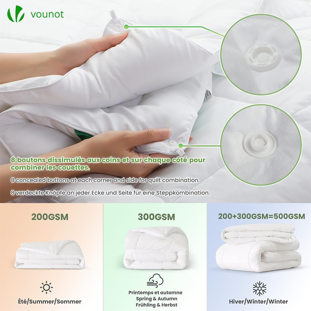 VOUNOT dekbed 155X200Cm, 4 seizoenen winterdekbedset van 2 500GSM, bestaande uit 2 aan elkaar geknoopte dekbedden Aanpasbaar dekbed voor zomer en winter, Oeko-Tex Standaard dekbedden en dekbedden Naty Shop