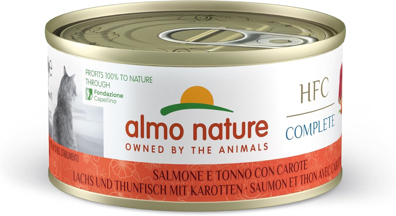 Almo Nature HFC Complete, Nassfutter für Erwachsene Katzen - Zalm en Tonijn met Wortelen - Verpakking met 1,68 kg (24 x 70 g)