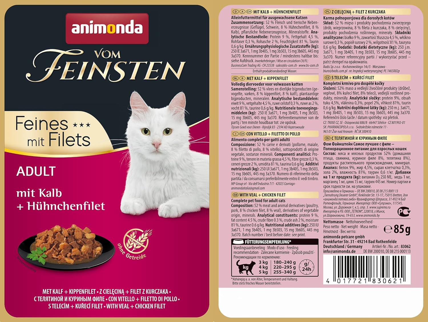 animonda vom Feinsten mit Filets, Katzenfutter nass mit Kalb + Hühnchenfilet, 18 Portionsbeutel (18 x 85g), getreidefreies Katzen Nassfutter ohne Zucker, mit fleischigen Ingrediënt