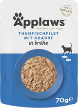 Applaws 100% natuurlijke Nassfutter für Katzen, Thunfischfilet mit Krabben in Brühe - Verpakking met 12 x 70g Beuteln