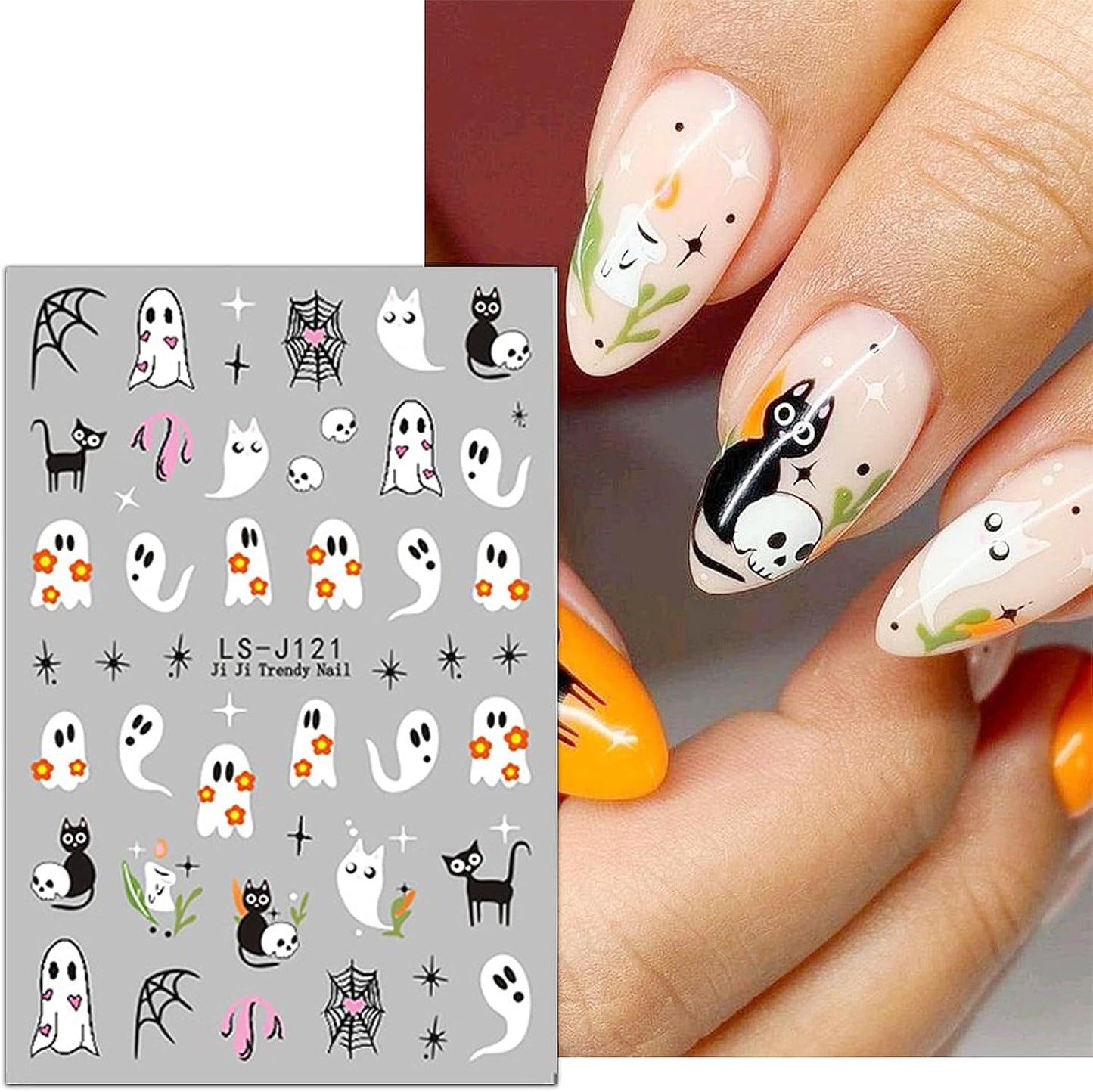 JMEOWIO Nagelsticker Halloween Süßer Geist 9 Blatt Nail Art Sticker Selbstklebend Nagelaufkleber Decoratie Nageldesign Zubehör
