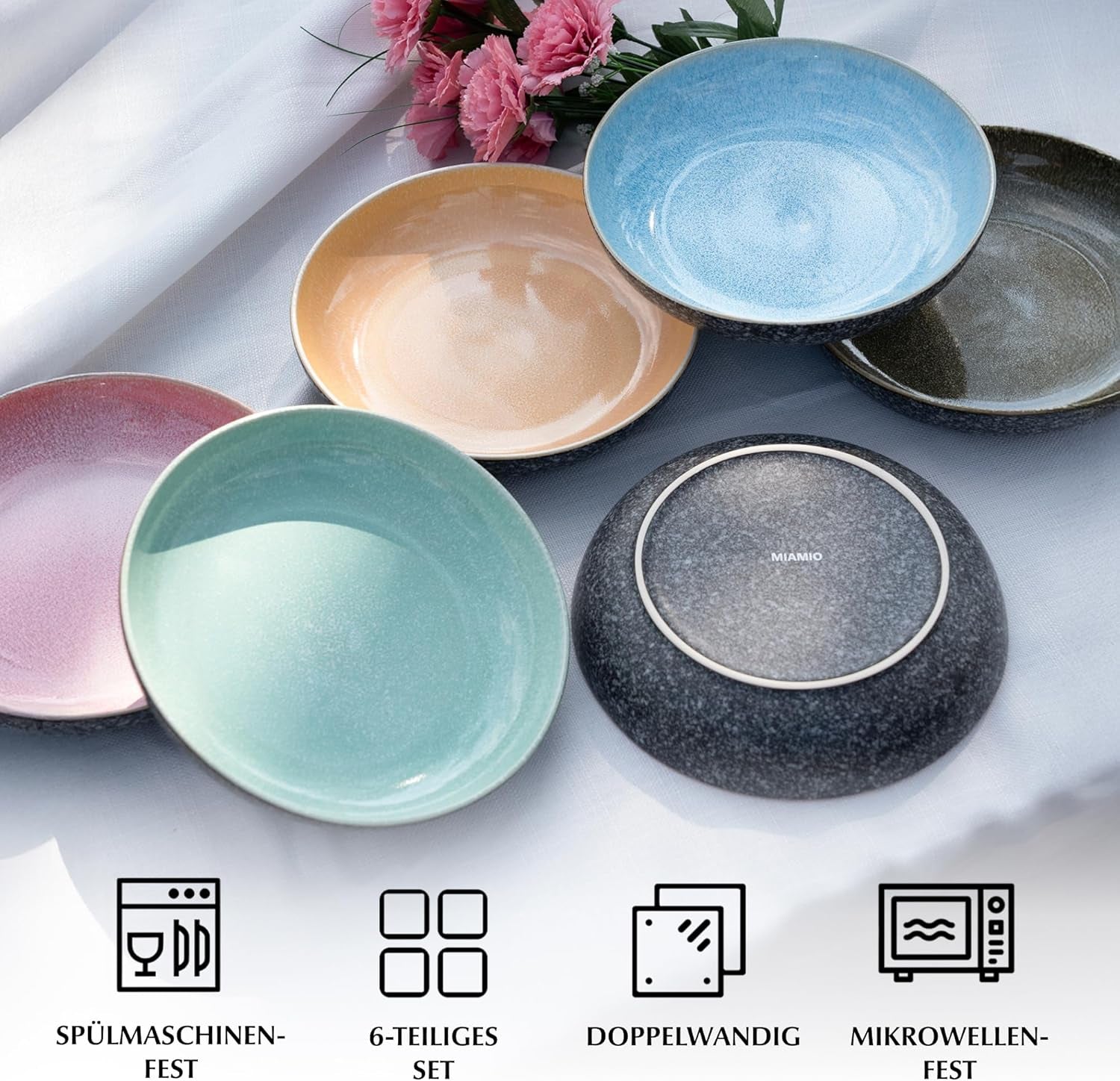 MIAMIO - Dinerborden, set van 6 (850 ml) / grote en diepe pastaborden, bordenset voor 6, keramische slakom / vaatwasser- en magnetronbestendig - Las Palmitas-collectie