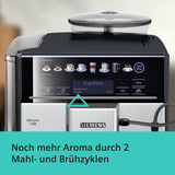 Siemens EQ.6 plus s300 automatische espressomachine TE653501DE, voor vele koffiespecialiteiten, melkopschuimer, keramische molen, dubbele koffiefunctie, antikalk, automatische stoomreiniging, 1500 W, zilver