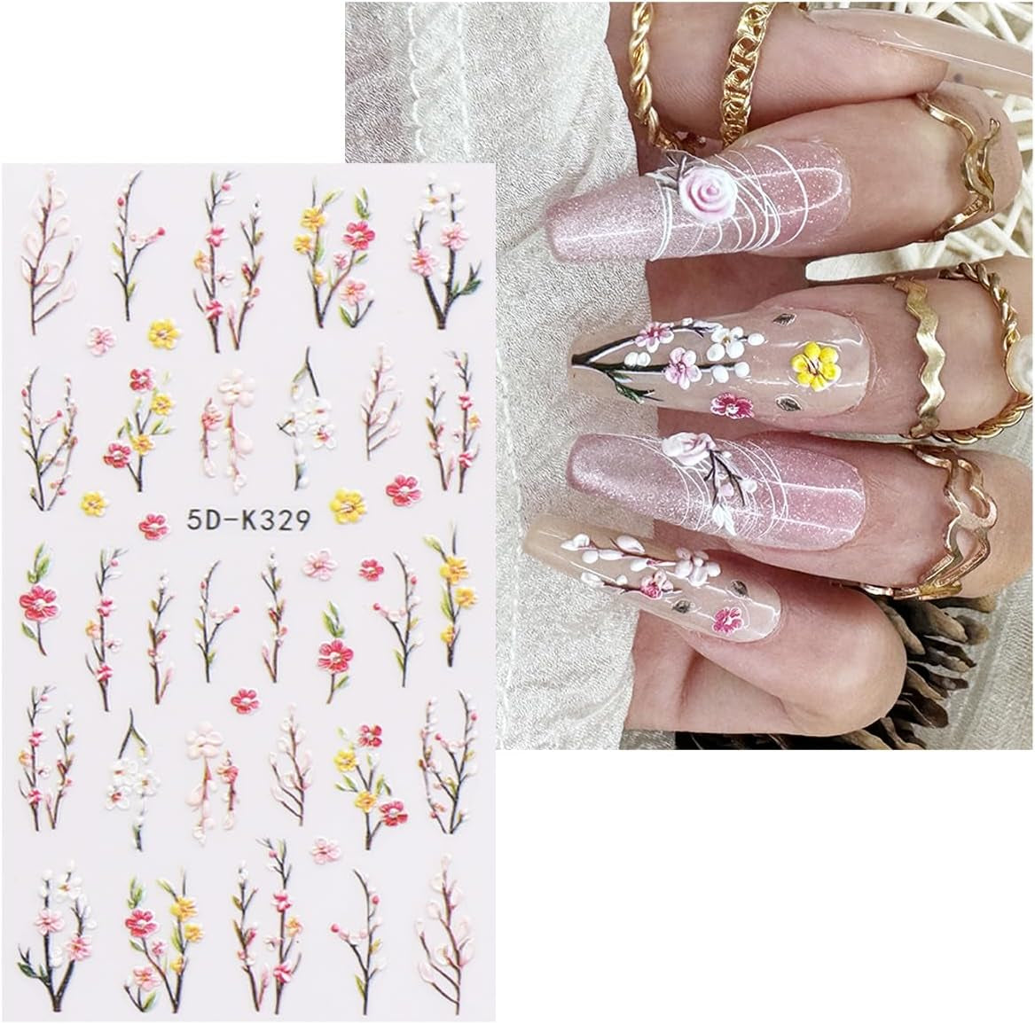 JMEOWIO 3D Nagelsticker Blumen Nail Art Sticker Selbstklebend Nagelaufkleber 5D Stereoskopisch Frühling Zomer Decoratie Nageldesign Zubehör 4 Blatt