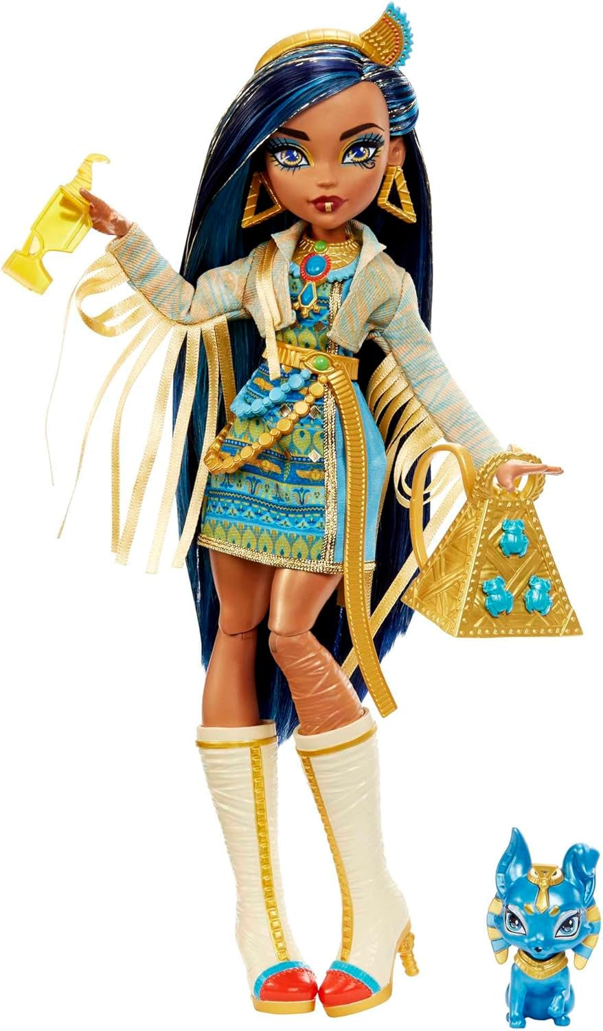 Monster High Cleo de Nile Puppe, Mummie Modepuppe, Königliches Outfit, Killerstiefel, Pyramidenrucksack, Zubehör, voor kinderen vanaf 4 jaar, HHK54