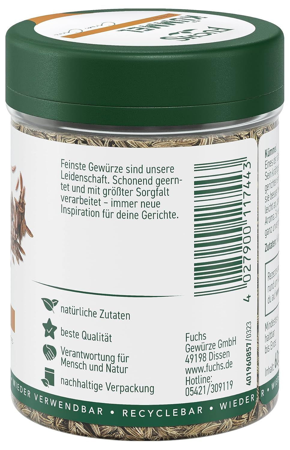 Fuchs Gewürze - Kümmel Ganz - kräftiges Gewürz für Kohl- und Fleischgerichte oder zu Bratkartoffeln - natuurlijk ingrediënt - 60 g in wiederverwendbarer, recyclebarer Dosis