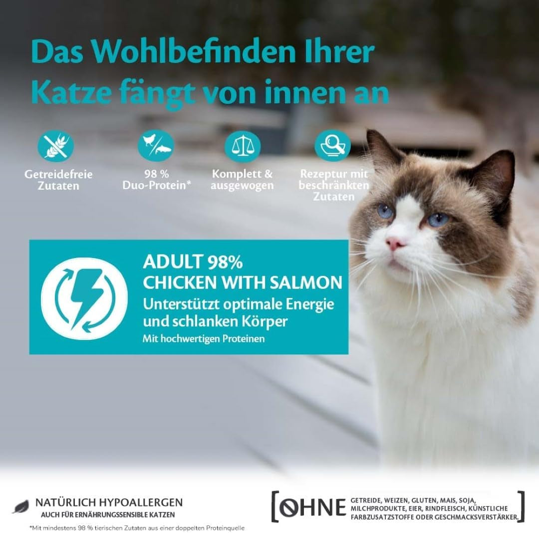 Wellness CORE 98% 12 x 85g, Kip en Zalm - Nat kattenvoer, dikke paté, graanvrij, natuurlijk, hypoallergeen, rijk aan eiwitten, rijk aan vlees