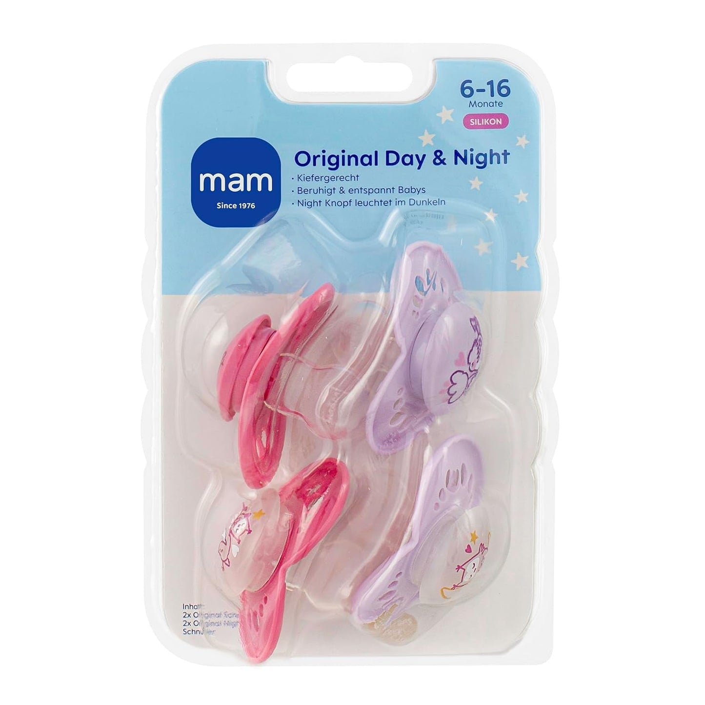 MAM Original Day & Night Matt Fopspenen | 6-16 maanden | Fopspeenset | Acceptatie 94% | Helpt ongewenste uitlijning van de tanden te voorkomen | Ontwikkeld samen met tandartsen Silicone SkinSoft | Vogel/uilpatroon | Pakket van 4