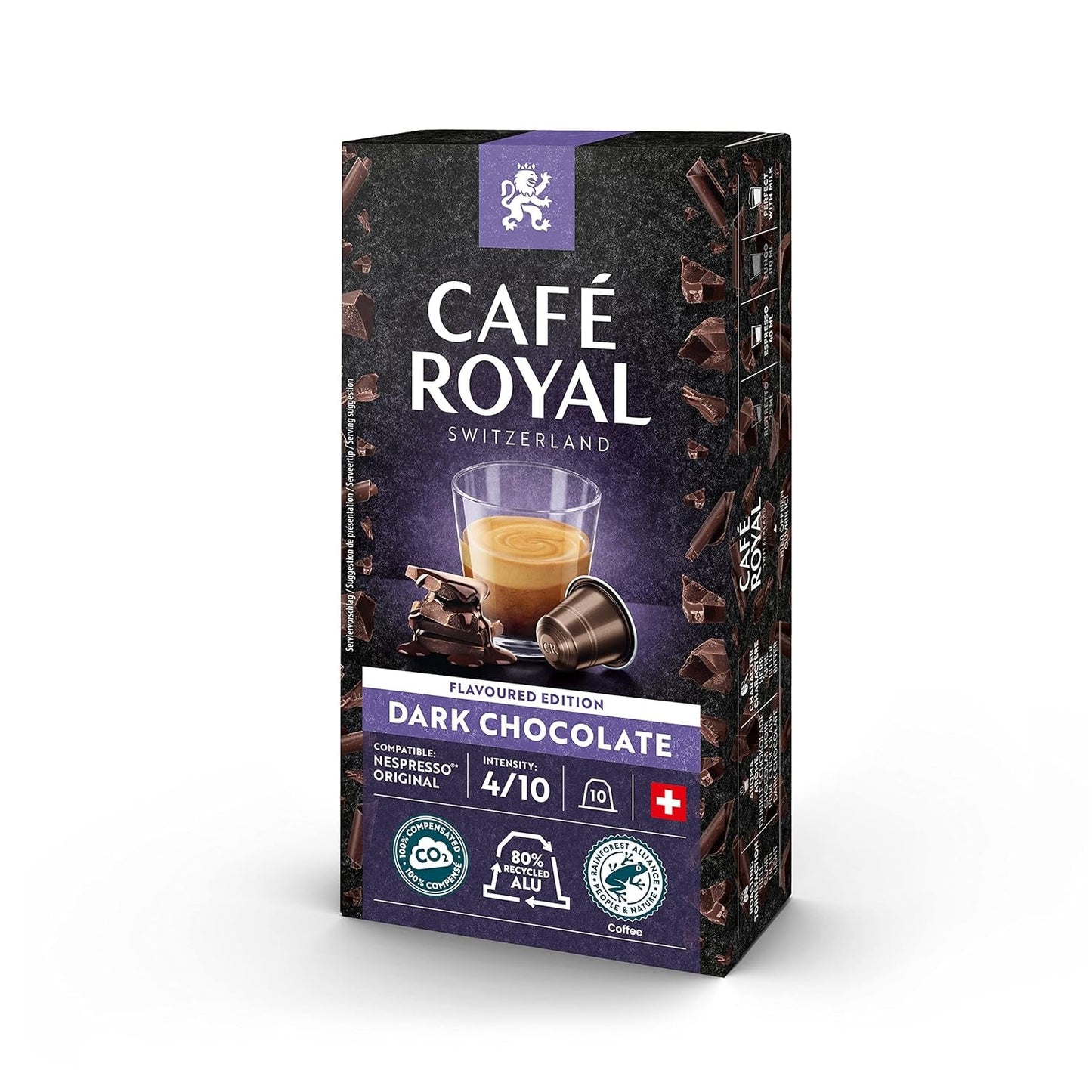 Café Royal Dark Chocolate Flavoured 100 Kapsels voor Nespresso Kaffee Machine - 4/10 Intensiteit - UTZ-zertifiziert, aus Aluminium & Lungo 36 Kapsels voor Nespresso Kaffee Machine - 4/10 Intensiteit