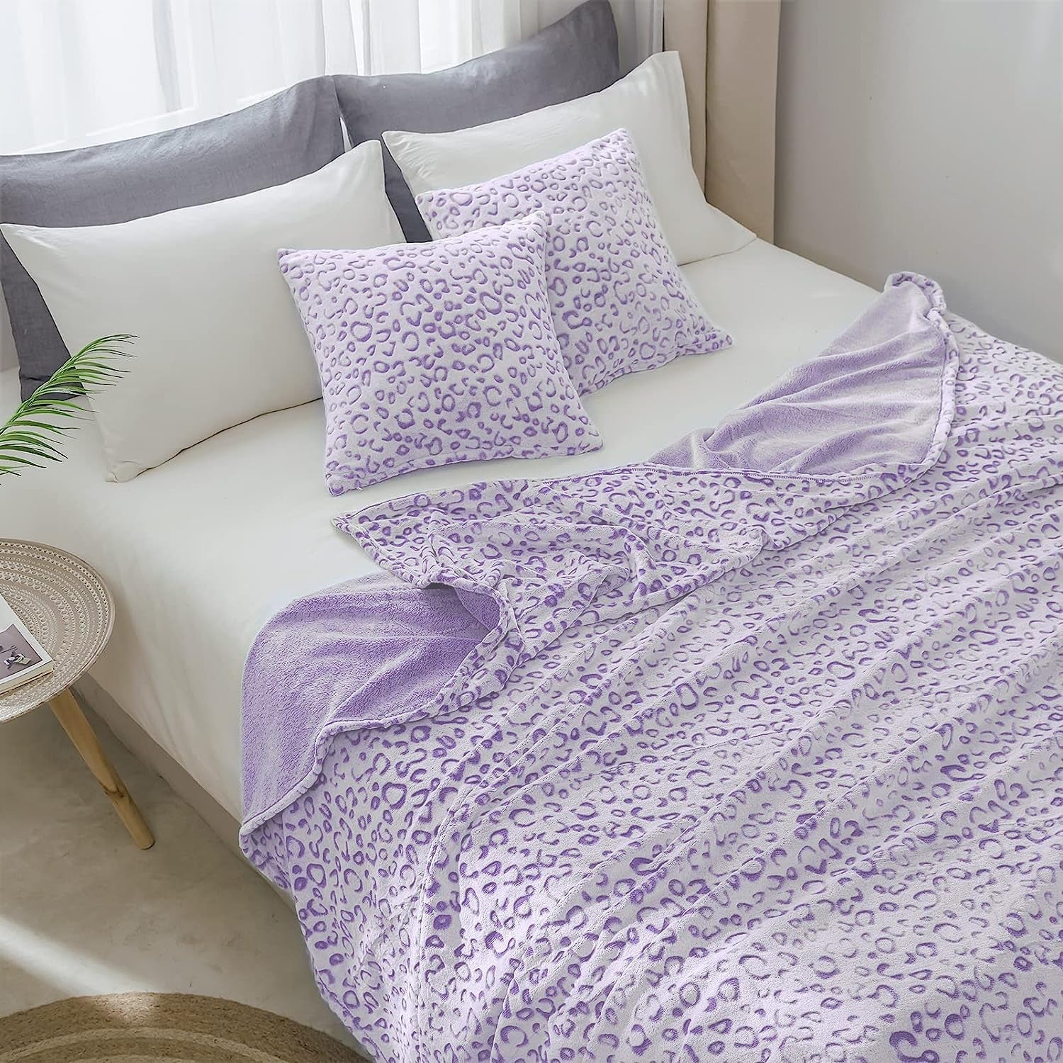 FY FIBRE HOUSE flanellen fleece plaid, microvezeldeken met 3D cheetah print, 228 X 274 cm, paars Dekbedden en dekbedden Naty Shop