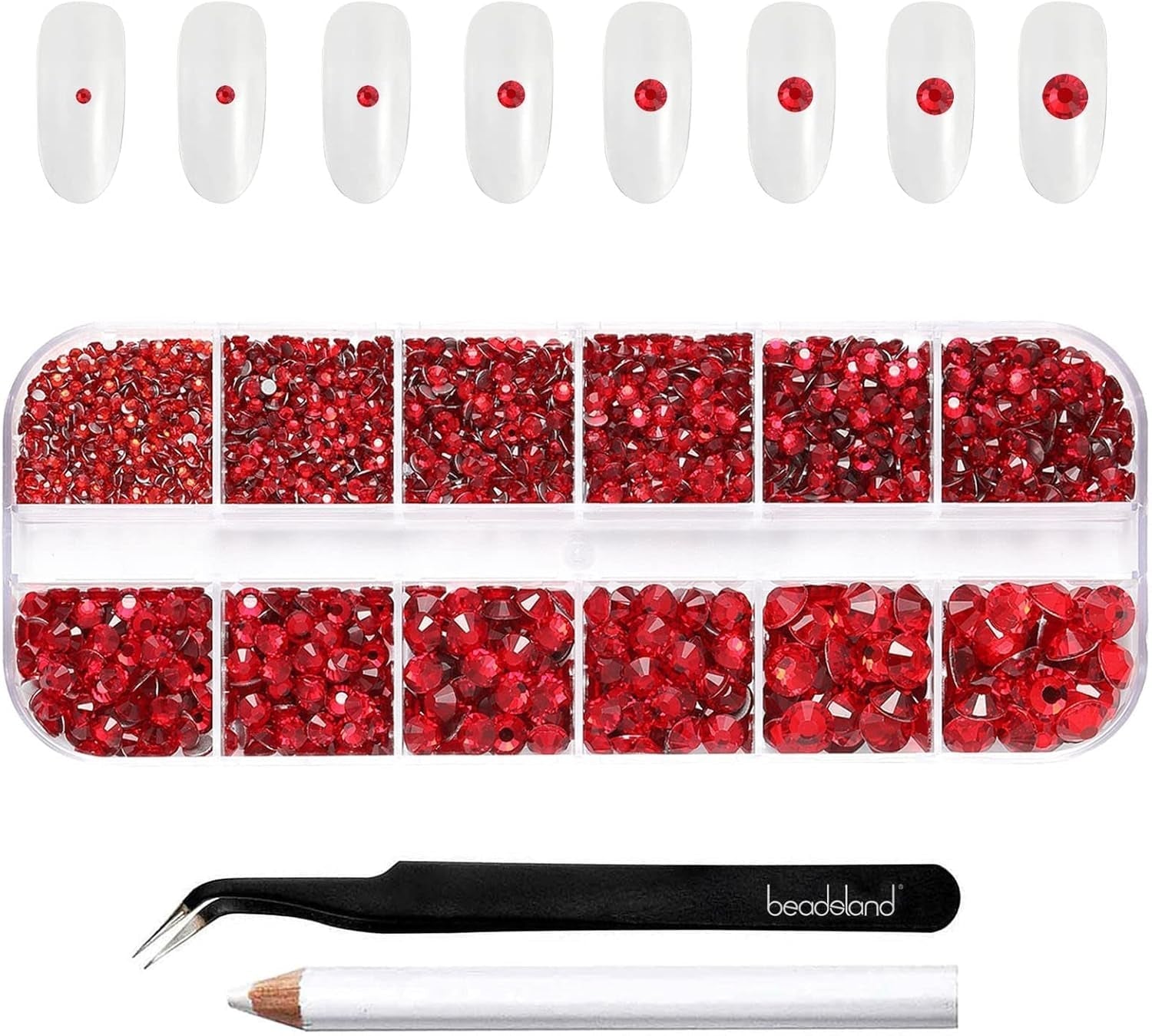 Beadsland 2500 stuks glas Nailart Strasssteine ​​Kristall Flatback Edelsteine ​​Runde, voor handwerk Gemischt 8 Größen SS4 ~ SS30 Mit Picking Pinzette en Stift (Kristall Weiss)