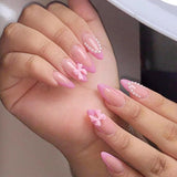 24pcs Witte Amandelpers op Franse nagels met strikken Parels Nepnagels Lijm op valse nageltips Glitternagels