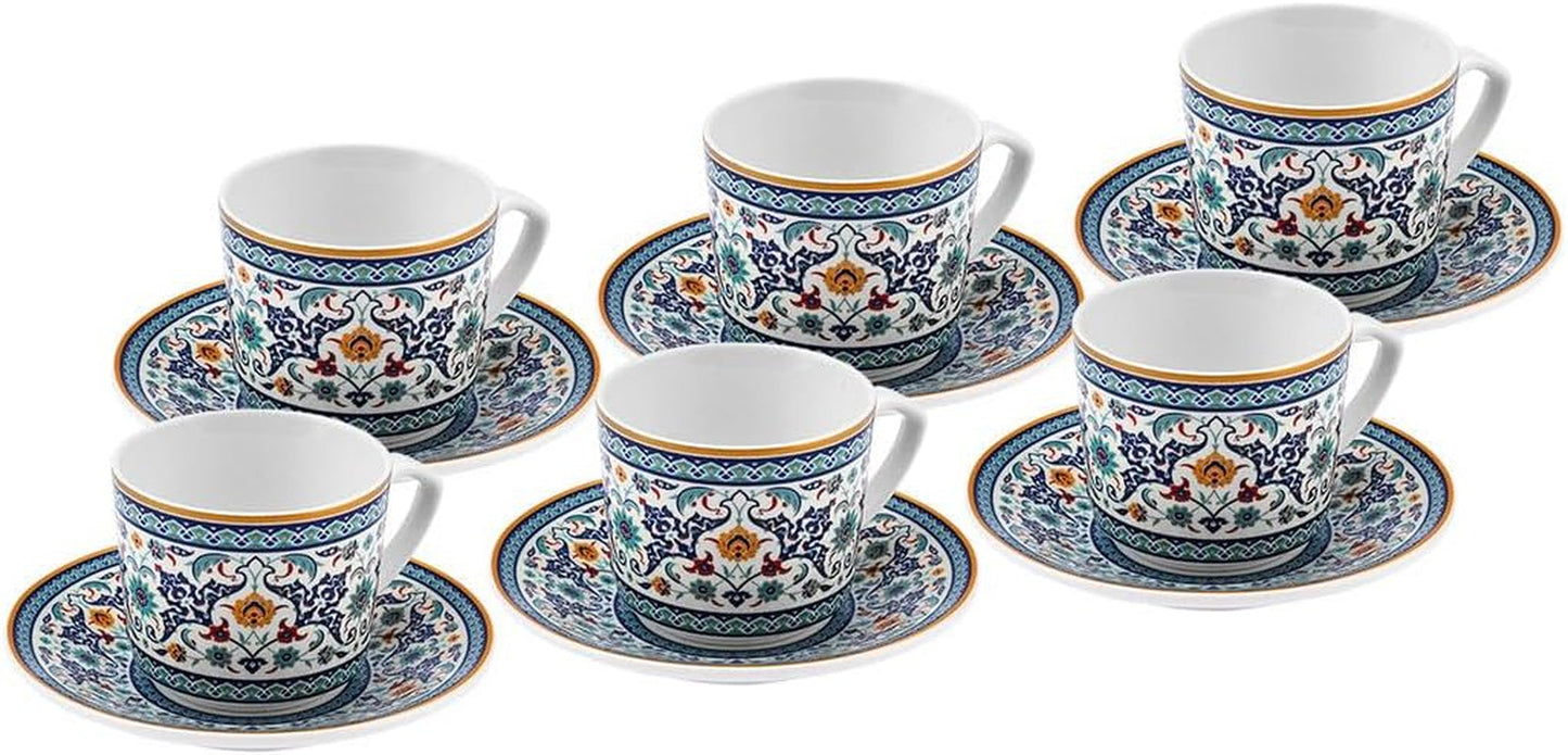 KARACA Beylerbeyi - 12-delige Turkse koffiekopjesset Porseleinen espressokopjesset van 6 met schotels 80ml espressokopjesset Traditioneel ontwerp - Blauw