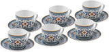 KARACA Beylerbeyi - 12-delige Turkse koffiekopjesset Porseleinen espressokopjesset van 6 met schotels 80ml espressokopjesset Traditioneel ontwerp - Blauw