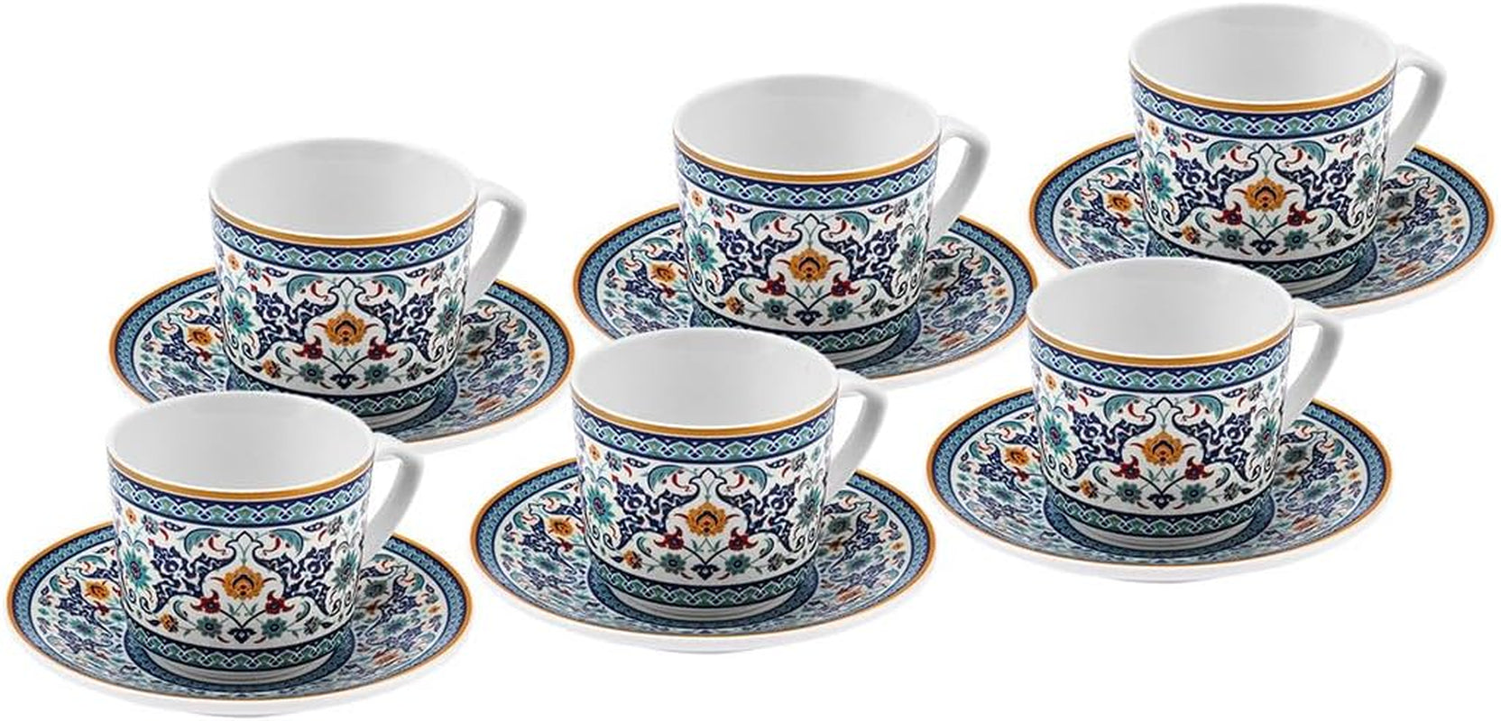 KARACA Beylerbeyi - 12-delige Turkse koffiekopjesset Porseleinen espressokopjesset van 6 met schotels 80ml espressokopjesset Traditioneel ontwerp - Blauw