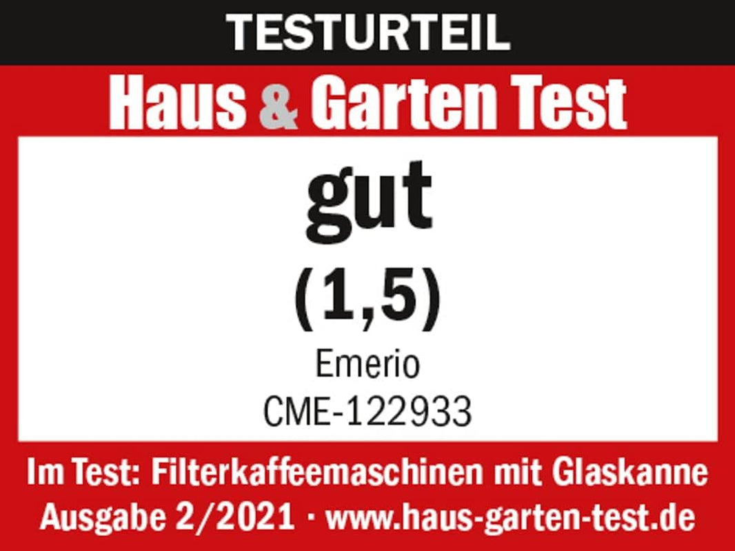Emerio CME-122933, Filterkoffiezetapparaat, 1,25L voor maximaal 10 koppen verse koffie, permanent uitneembaar filter, antidruppelfunctie, glazen karaf, automatische uitschakeling, 1000 watt, zwart/zilver