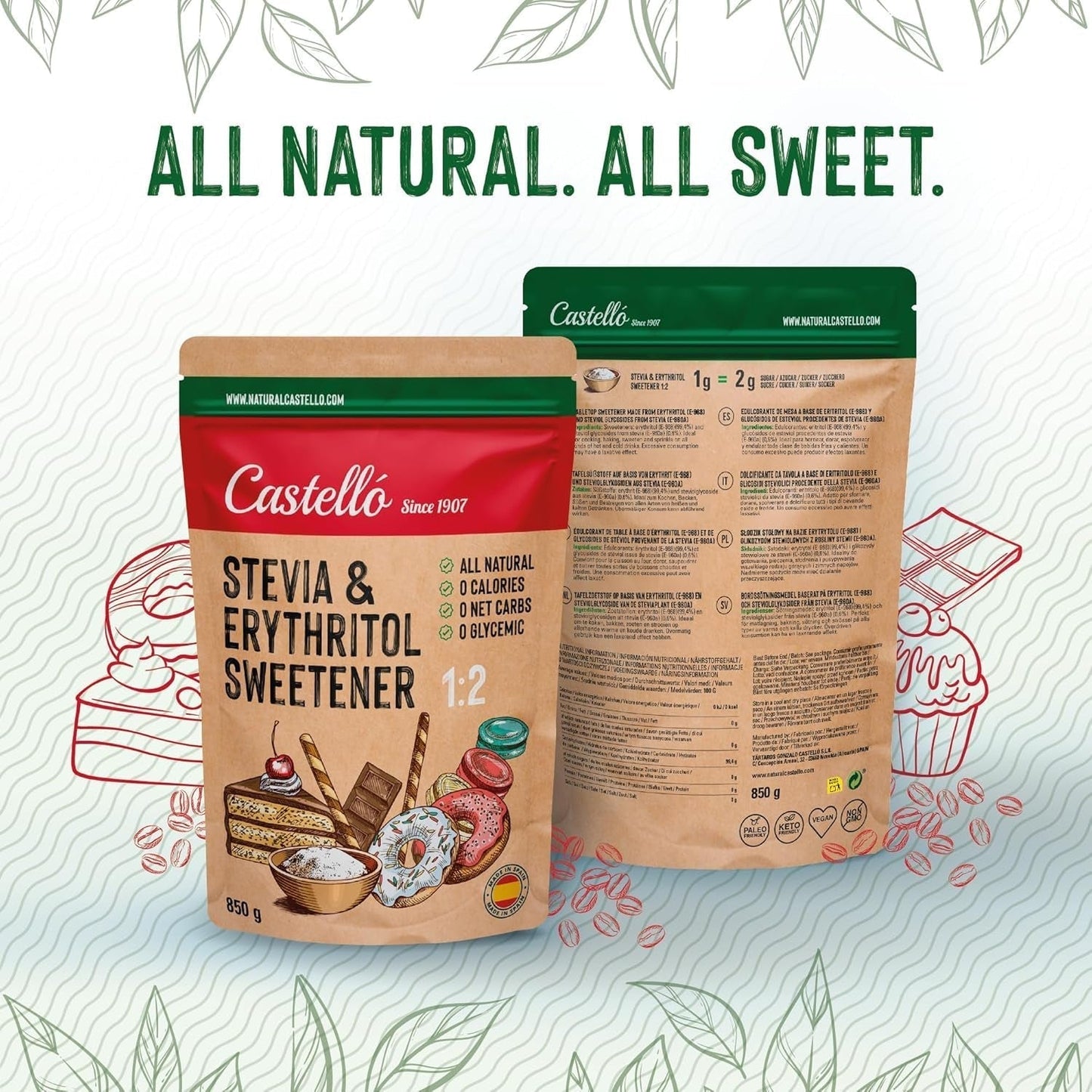 Stevia + Erythritol 1:2 Süßstoff | 1G = 2G Zucker | 100% Natürlicher Zuckerersatz - 0 Kalorien - 0 Glykämischer Index - Keto en Paleo - 0 Netto-Kohlenhydraat - Kein GVO - Castello sinds 1907 - 850 G Zoetstoffen Naty Shop