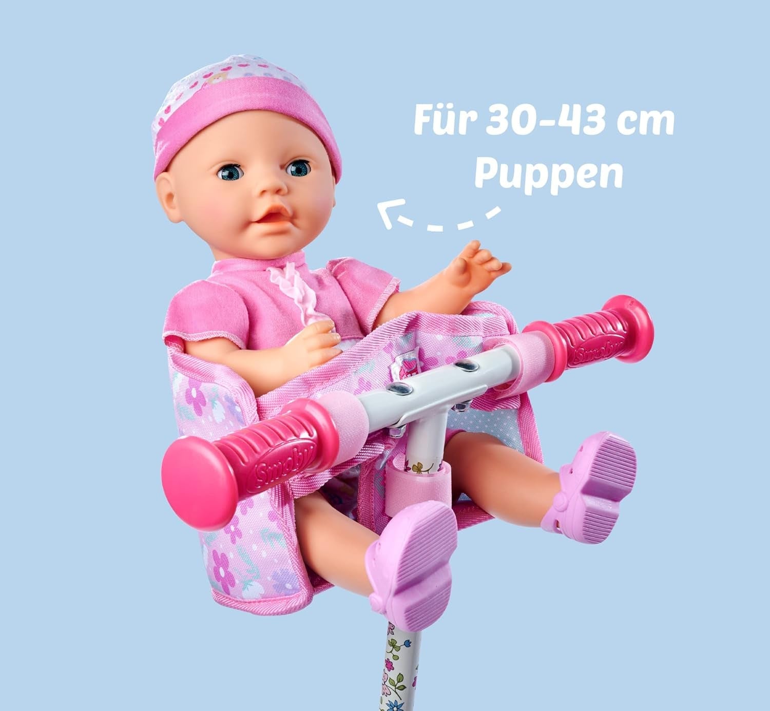 Simba 105560018 - Fietsstoeltje voor pasgeborenen met riem, poppenaccessoire, stoffen zitje, veiligheidsgordel, stuur met klittenband, voor poppen van 30-43 cm, vanaf 3 jaar