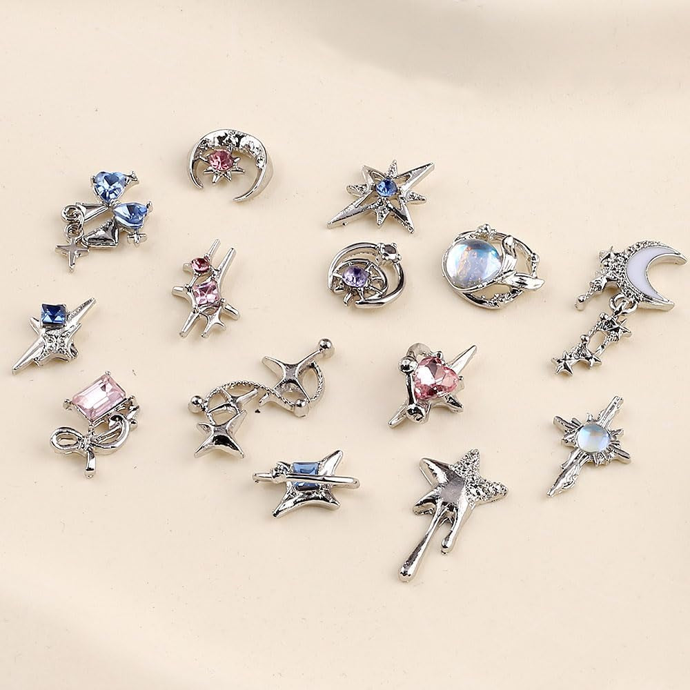 16 Stijl Luxus Mond Stern Nagel Charms 3D Nail Charms Y2K Legierung Strasssteine ​​Bogen Schmetterling Nagel Schmuck Metall Nail Art Charms Nägel Glitzersteine ​​​​Nailart Rhinestones Nageldesign Zubehör