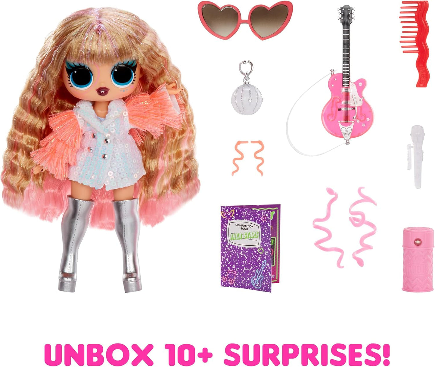 LOL Verrassing! Tweens Neon Pop Stars - Thea Stars - 1 modepop met verrassingen met achtergrondverlichting en meer dan 10 Pop Star-kleding en accessoires, waaronder haar felroze gitaar, cadeau voor kinderen vanaf 4 jaar