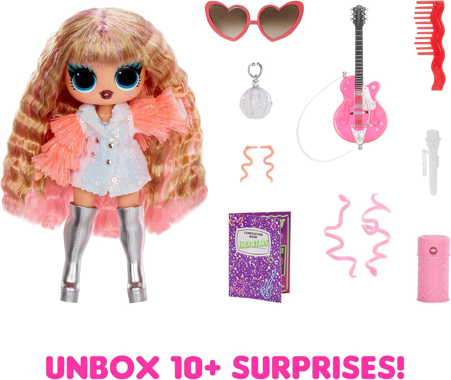 LOL Verrassing! Tweens Neon Pop Stars - Thea Stars - 1 modepop met verrassingen met achtergrondverlichting en meer dan 10 Pop Star-kleding en accessoires, waaronder haar felroze gitaar, cadeau voor kinderen vanaf 4 jaar