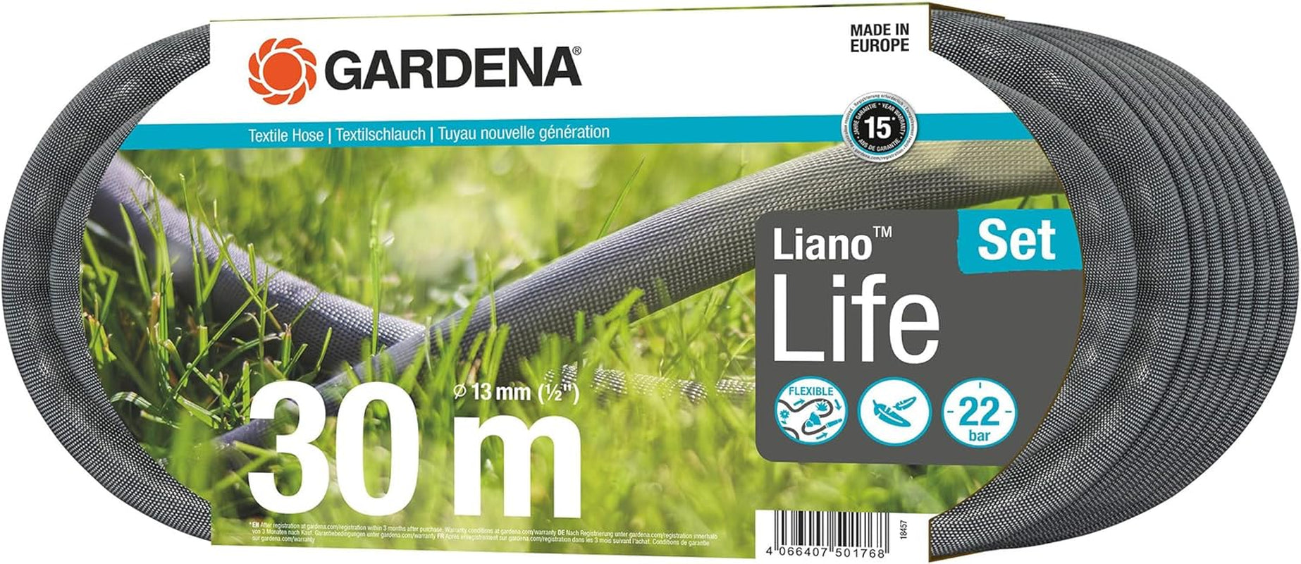 Gardena Liano Life 1/2 inch textielslang, set 30m: Extreem flexibele textieltuinslang met PVC binnenslang, knikvrij, lichtgewicht, weerbestendig (18457-20)