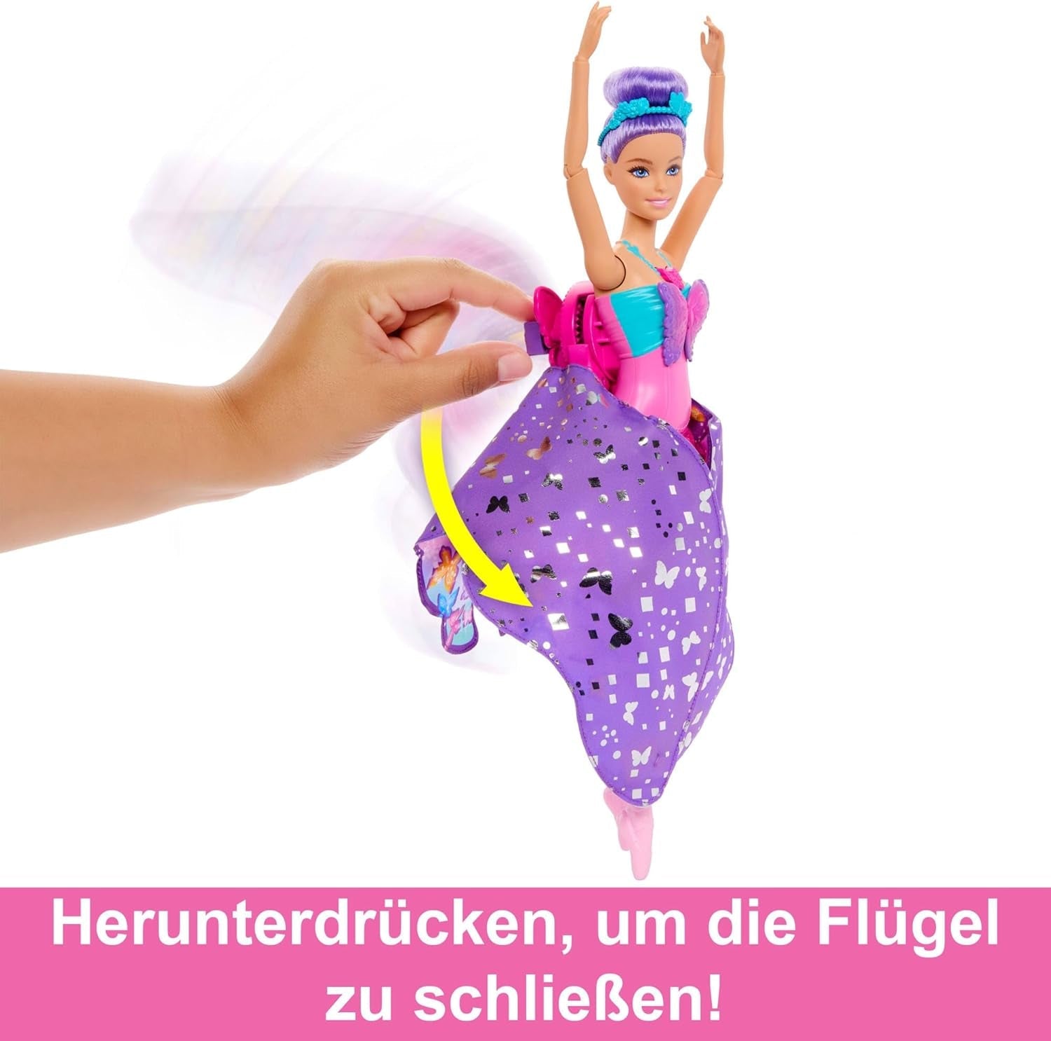 Barbie Dance And Flutter 2-in-1 transformatiepop van danseres tot vlinder met openslaande vleugels, paars haar, haarsieraden en afneembare tutu, HXJ10 Naty Shop-poppen