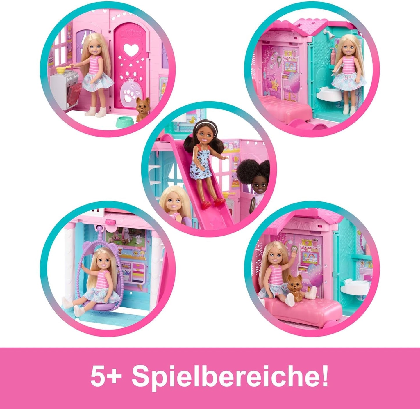 Barbie Chelsea poppenhuis met meer dan 15 accessoires, pop-uphuis kan worden uitgebreid tot meer dan 42 x 33 cm met 5 speelplekken en een glijbaan, met een kleine pop en een hond, JFW49