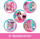 Barbie Chelsea poppenhuis met meer dan 15 accessoires, pop-uphuis kan worden uitgebreid tot meer dan 42 x 33 cm met 5 speelplekken en een glijbaan, met een kleine pop en een hond, JFW49