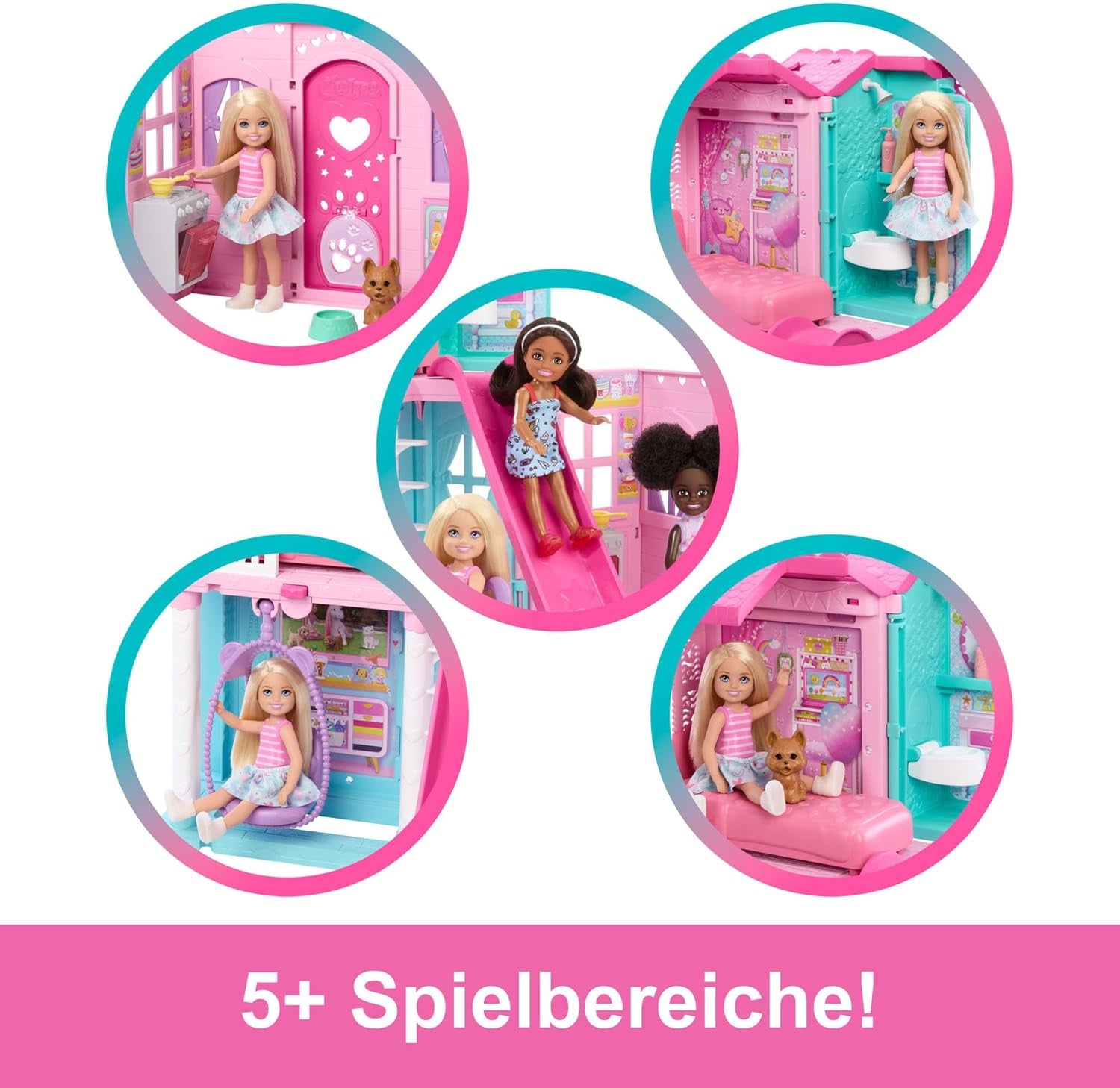 Barbie Chelsea poppenhuis met meer dan 15 accessoires, pop-uphuis kan worden uitgebreid tot meer dan 42 x 33 cm met 5 speelplekken en een glijbaan, met een kleine pop en een hond, JFW49