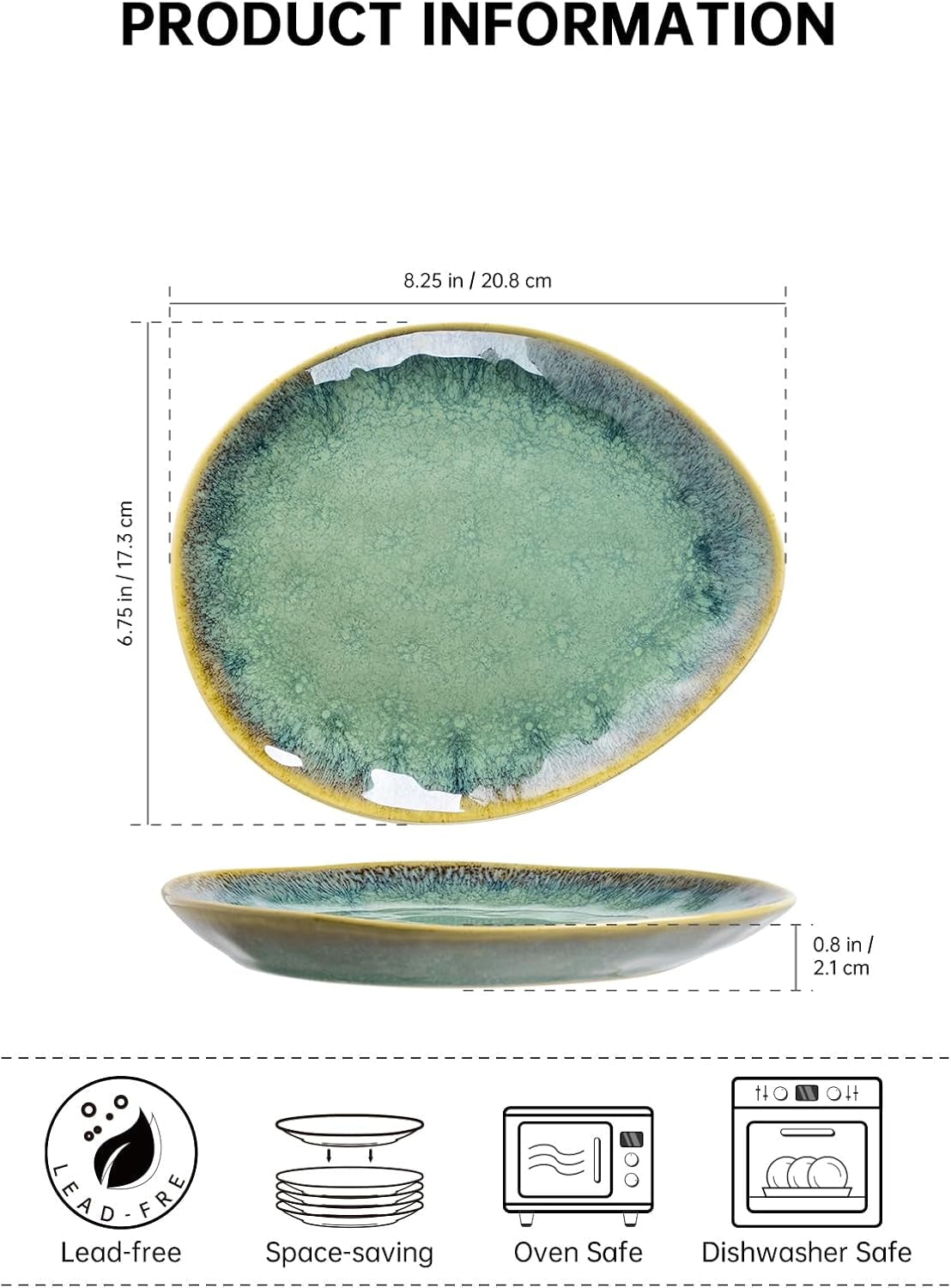 Henten Home Bijzondere steengoed borden, snack- en sauskommen - 20x17cm voor 4 personen, porseleinen ontbijtborden - modern groen design