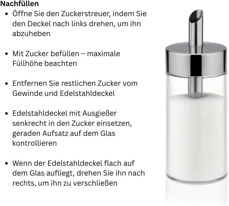 Tescoma glazen shaker, geborsteld roestvrij staal, ideaal voor witte/bruine suiker, 225 ml