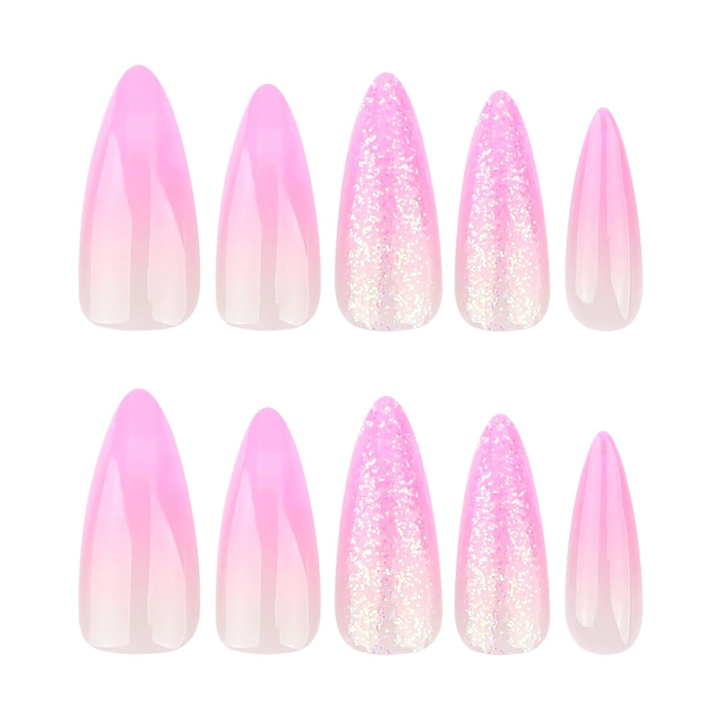 Mouyuglow Lange nagels Stiletto Melkwit Gradiënt Roze Glitter Cool Nepnagels met lijm Roze Ombre Glitter Kunstnagels