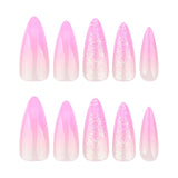 Mouyuglow Lange nagels Stiletto Melkwit Gradiënt Roze Glitter Cool Nepnagels met lijm Roze Ombre Glitter Kunstnagels