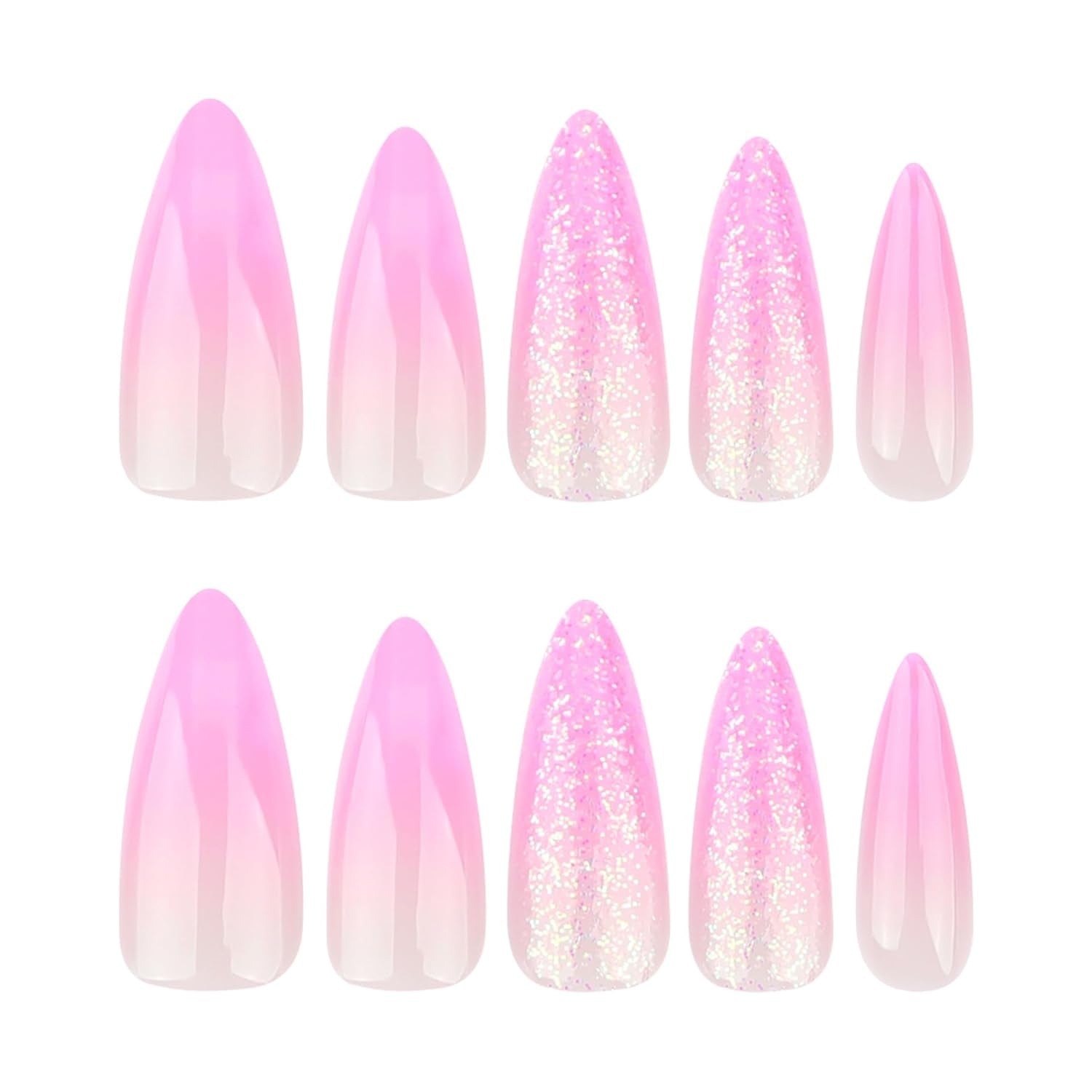 Mouyuglow Lange nagels Stiletto Melkwit Gradiënt Roze Glitter Cool Nepnagels met lijm Roze Ombre Glitter Kunstnagels