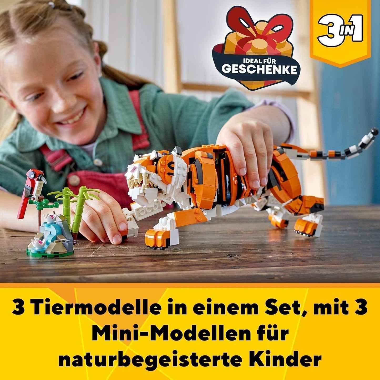 LEGO 31129 Creator Majestueuze Tijger, Panda of Vis 3-in-1 Dierenfigurenset Speelgoed voor kinderen, jongens en meisjes Dieren bouwen speelgoedbouwsets Bekijk de LEGO-Store