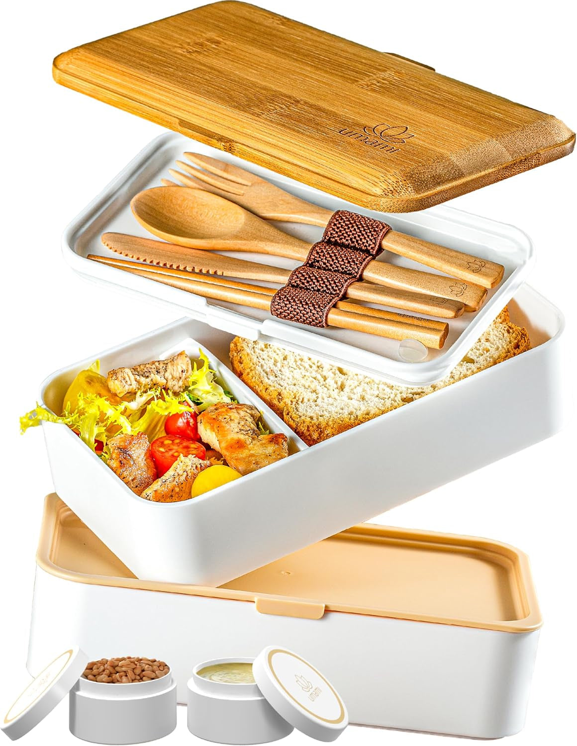 Umami lunchbox voor volwassenen, lekvrije stapelbare bentobox met 4 bestek en vakken, lunchbox voor volwassenen, saladecontainer voor onderweg, picknick-/kantoorlunchbox, houtskoolgrijs, 1500 ml