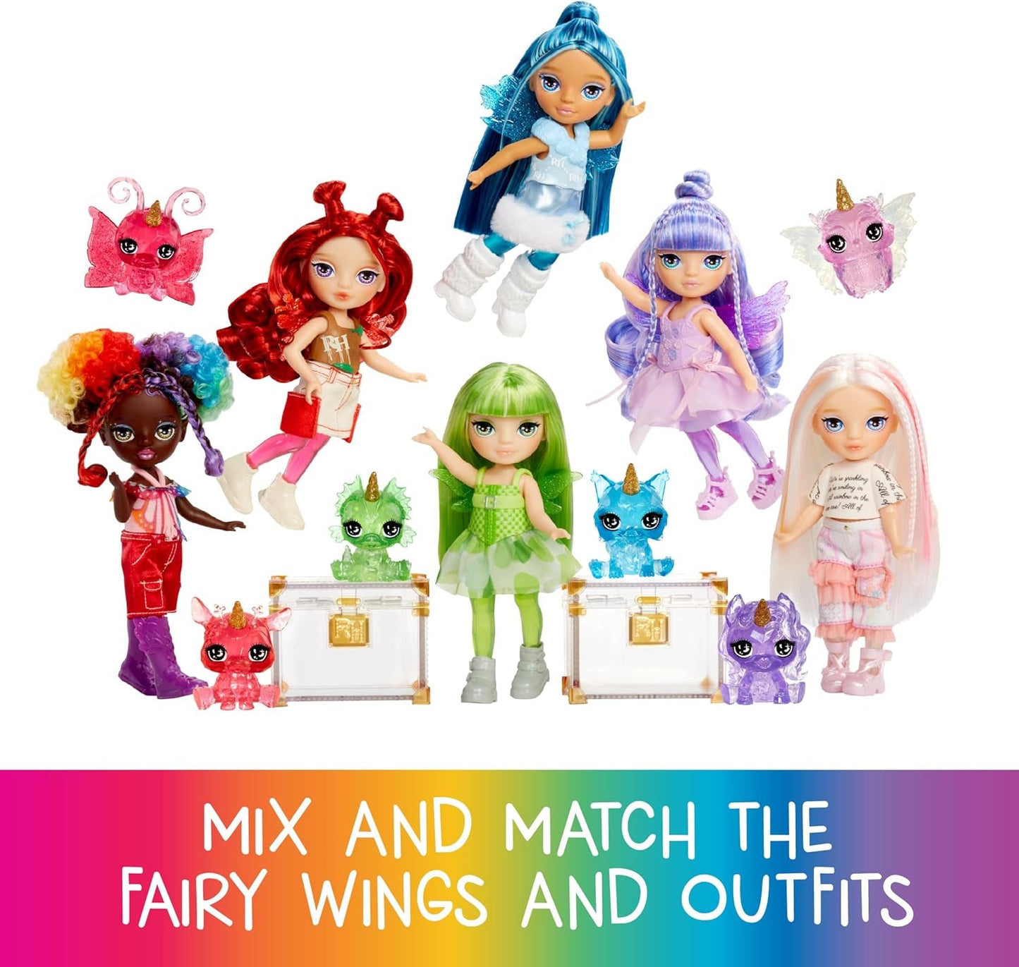Rainbow High Littles Rainbow Fantasy Fee en huisdier - Smaragdgroen, Groen - 14 cm gelede kleine fantasiedrakenpop met verwisselbare sprookjesvleugels, zoet cadeau voor kinderen vanaf 4 jaar