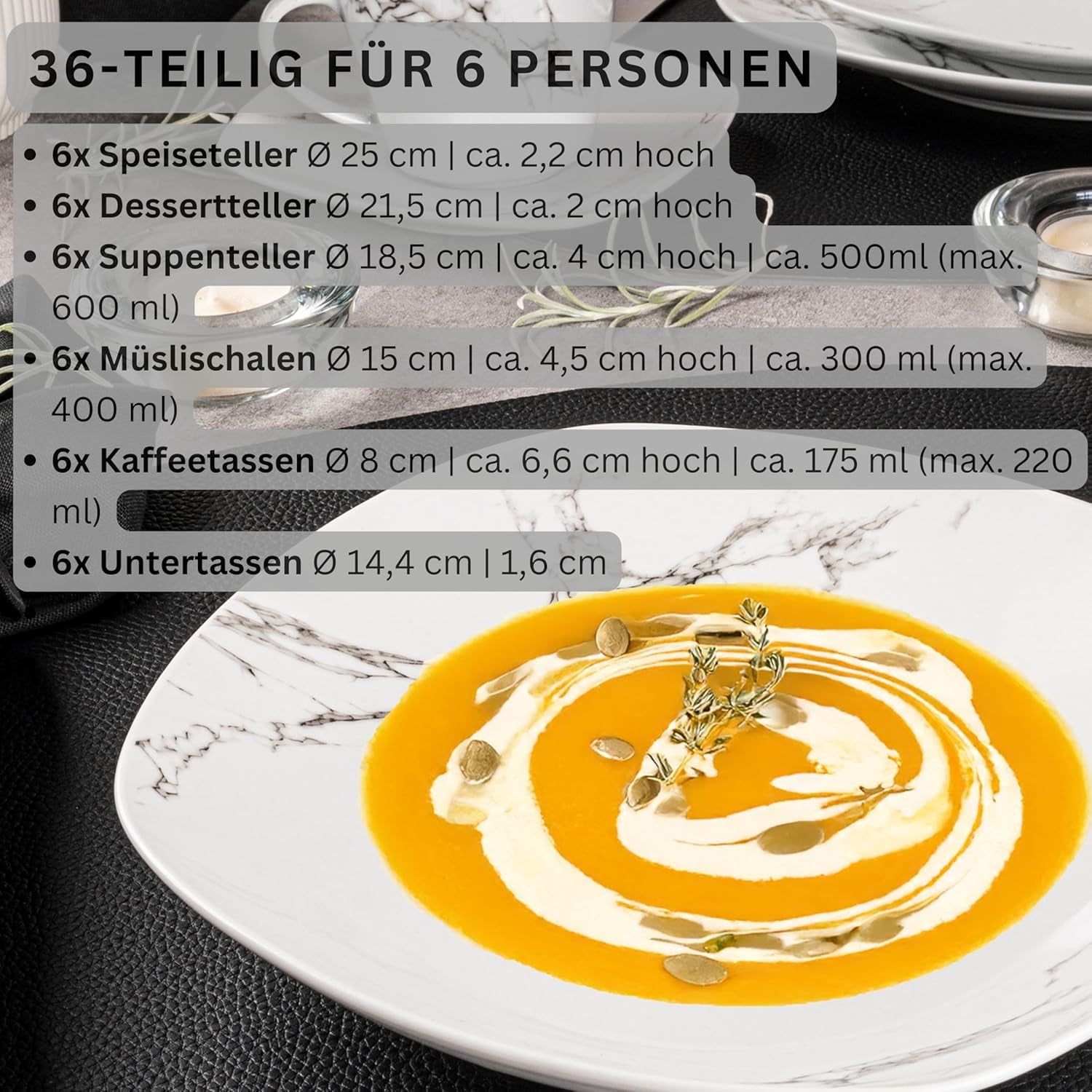 ZANGER | Bilgola Marmeren Combinatie Serviesset 36-delige Serviesset voor 6 personen met Dinerborden, Dessertborden, Suma Borden, Mueslischalen, Koffieborden en Porseleinen Schoteltjes, Vierkant | DE PREMIUM COLLECTIE