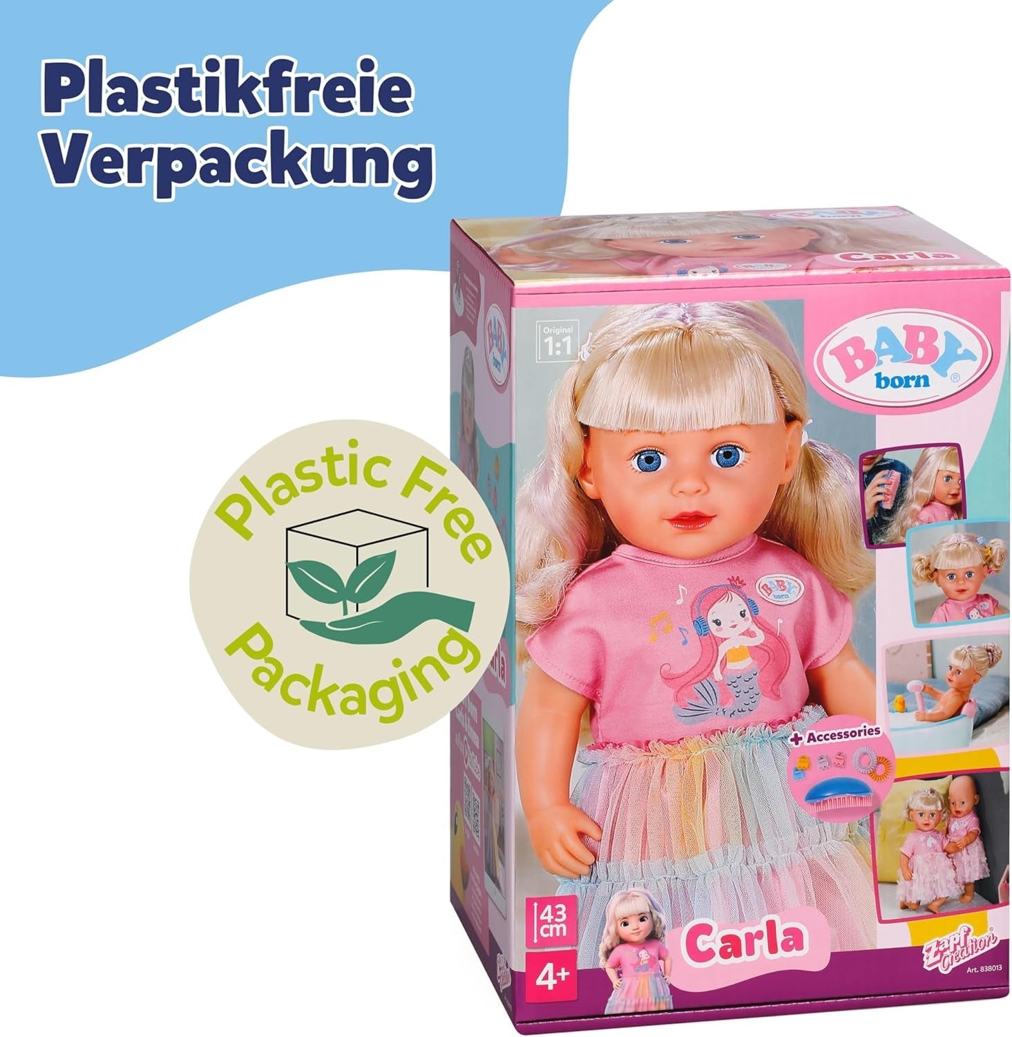 BABY born Carla - pop 43 cm - hoge kwaliteit blond haar met lokken - geen batterijen nodig - geschikt voor kinderen vanaf 4 jaar - inclusief 7 accessoires, roze