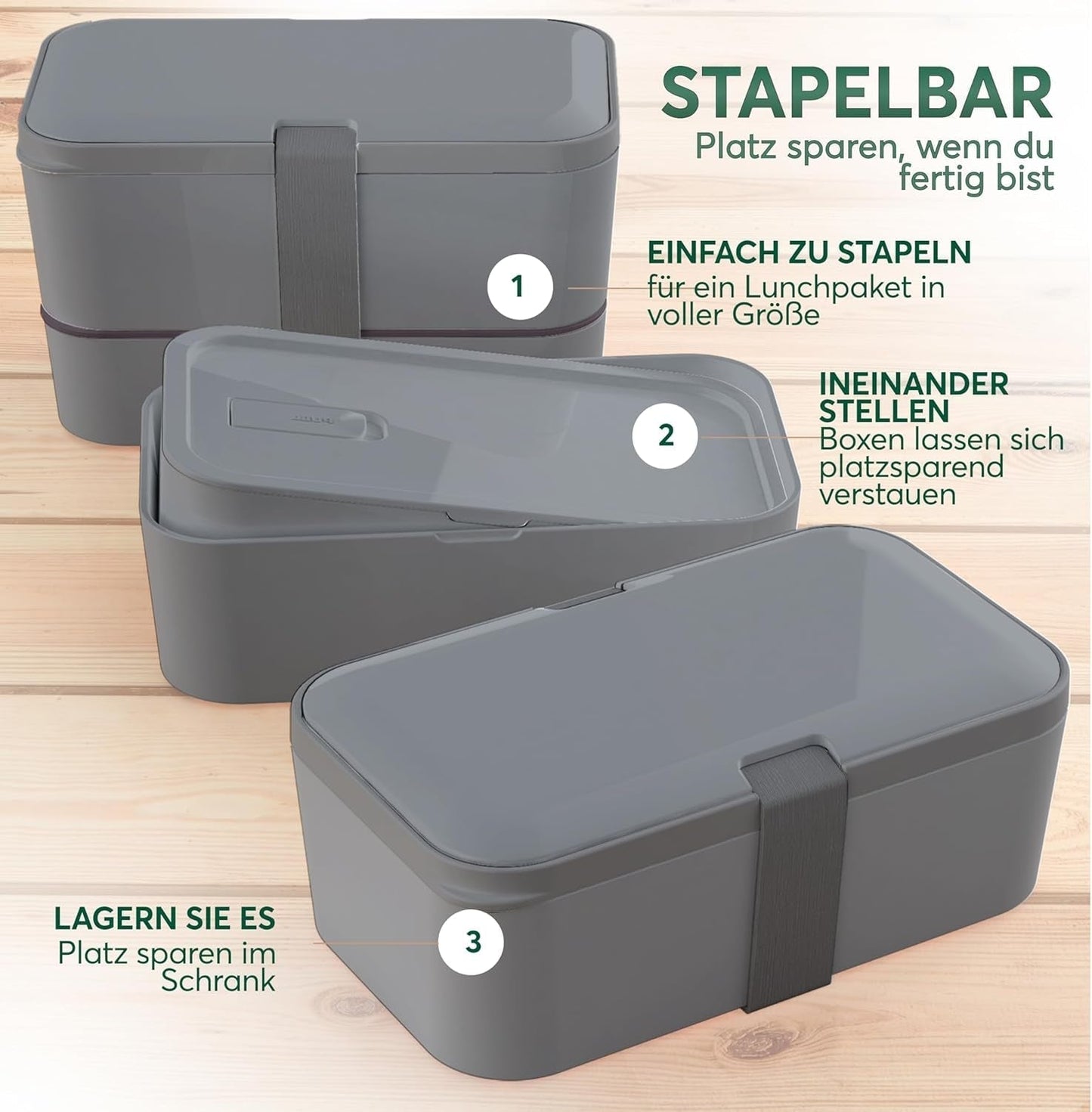 Umami lunchbox voor volwassenen, stapelbare bentobox met 4 bestek en vakken, lunchbox voor volwassenen, saladecontainer voor onderweg, picknick-/kantoorlunchbox, houtskoolgrijs, 1500 ml voedselbewaardozen Naty Shop