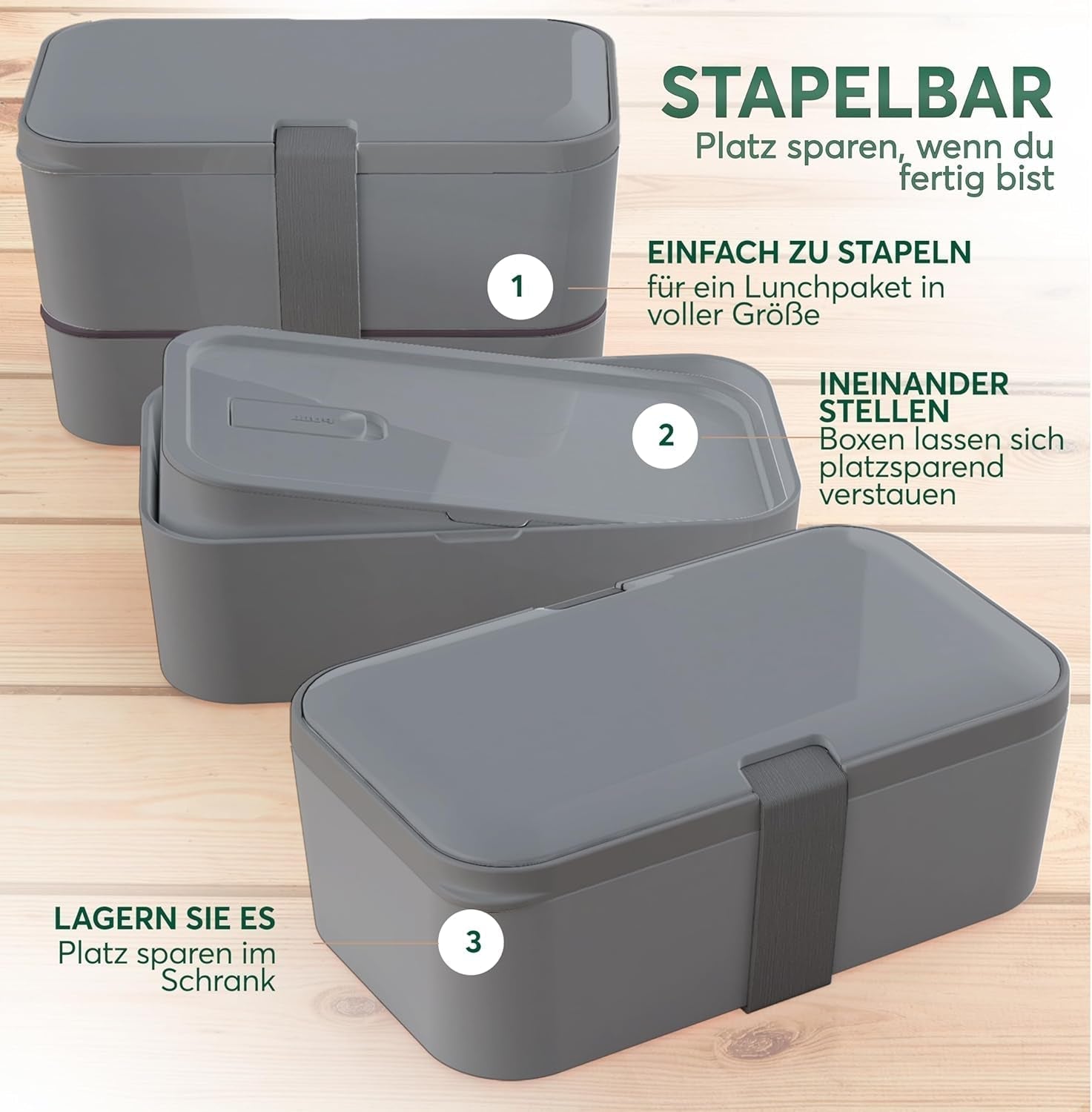 Umami lunchbox voor volwassenen, stapelbare bentobox met 4 bestek en vakken, lunchbox voor volwassenen, saladecontainer voor onderweg, picknick-/kantoorlunchbox, houtskoolgrijs, 1500 ml voedselbewaardozen Naty Shop