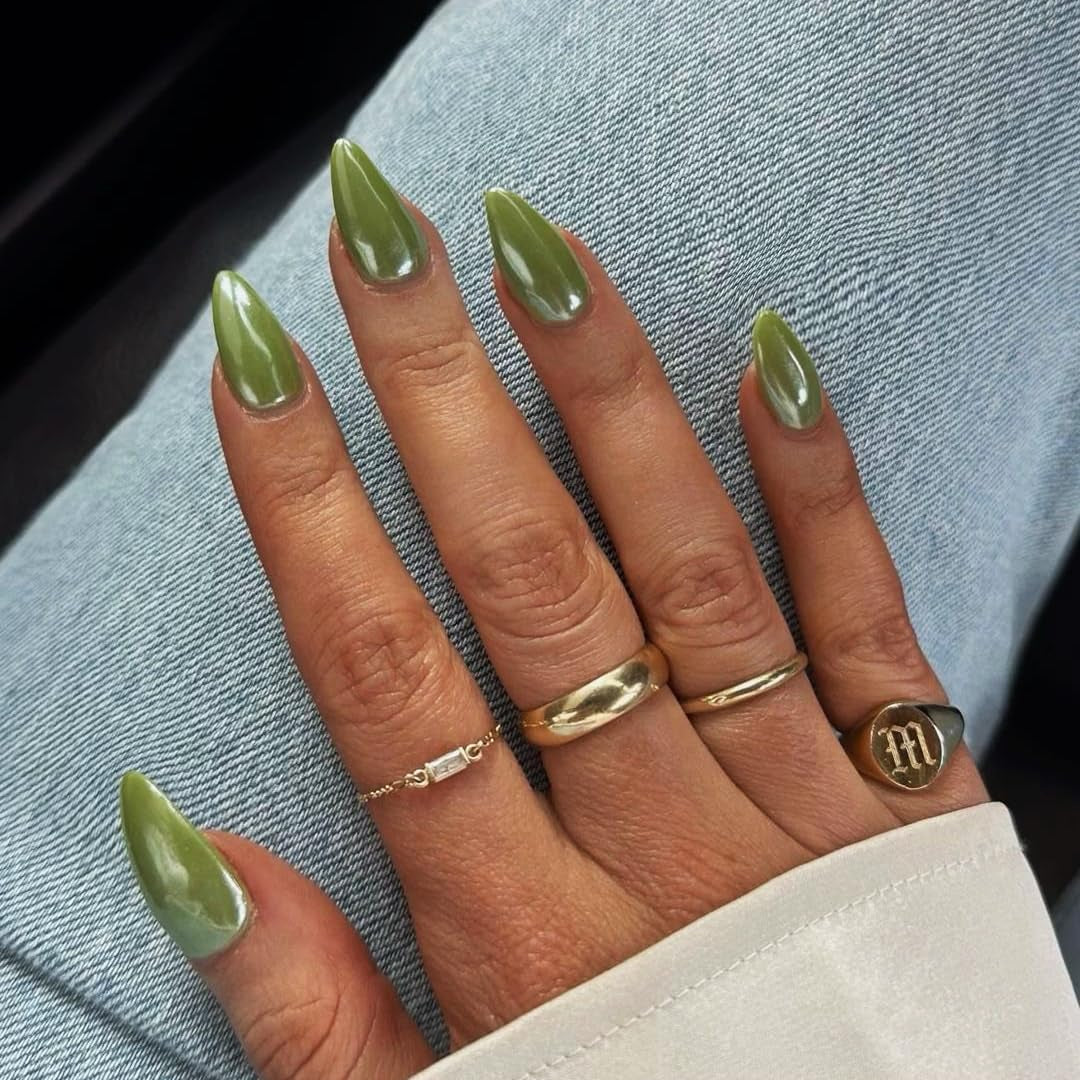 Zelfklevende chroomnagels - Medium amandelbruin Glitterlijm op nagels Glitter nepnagels Lijm op kunstnagels Geglazuurde acrylnagels voor dames 24 stuks