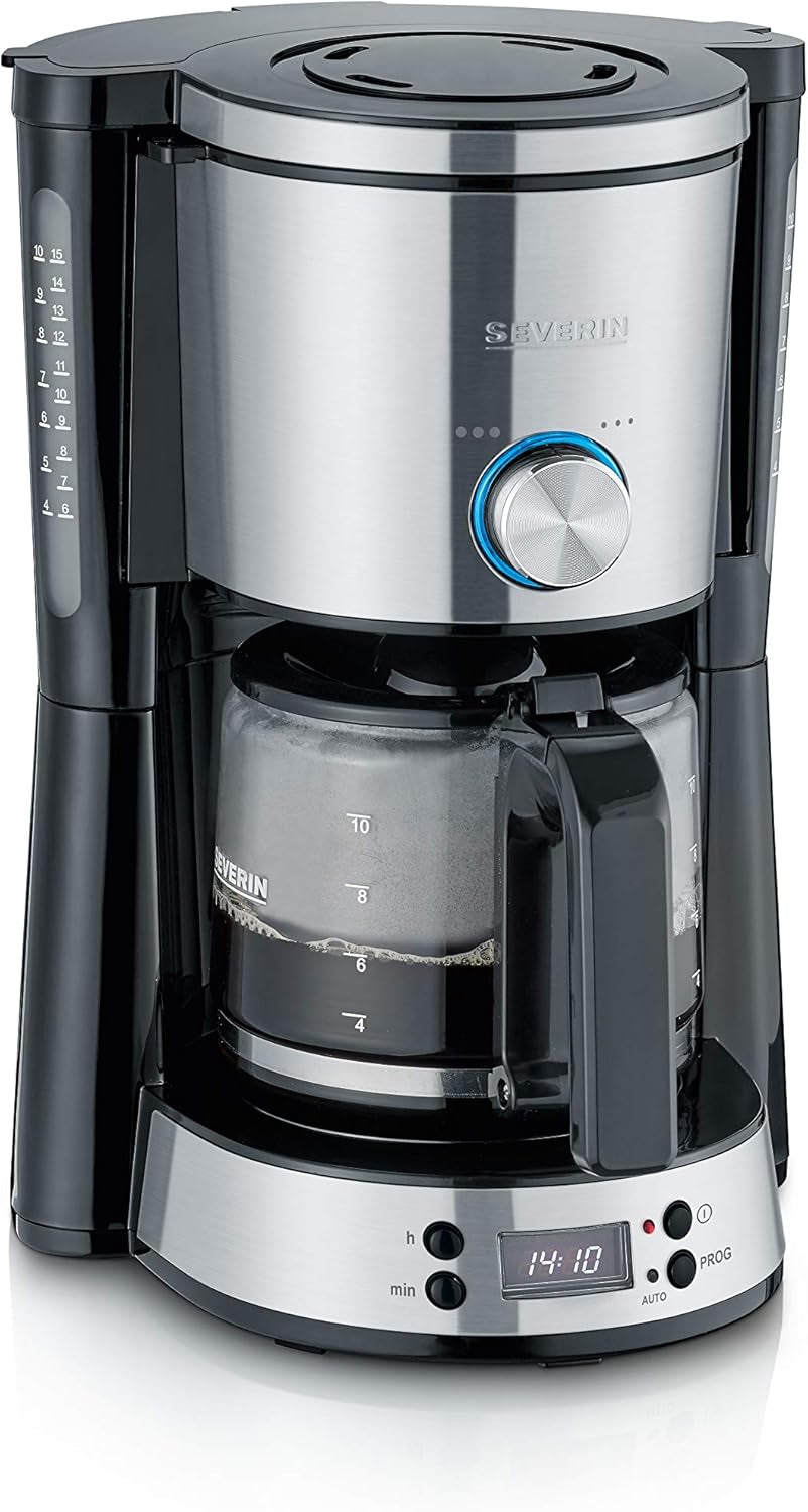 SEVERIN "TypeSwitch" espressomachine met glazen karaf en timer, AromaSwitch voor het kiezen van 2 zetopties, digitale klok met timerfunctie, voor maximaal 10 kopjes, 1000W, geborsteld roestvrij staal-zwart, KA 4826