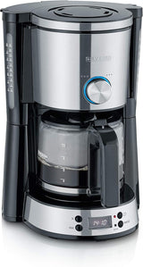 SEVERIN "TypeSwitch" espressomachine met glazen karaf en timer, AromaSwitch voor het kiezen van 2 zetopties, digitale klok met timerfunctie, voor maximaal 10 kopjes, 1000W, geborsteld roestvrij staal-zwart, KA 4826