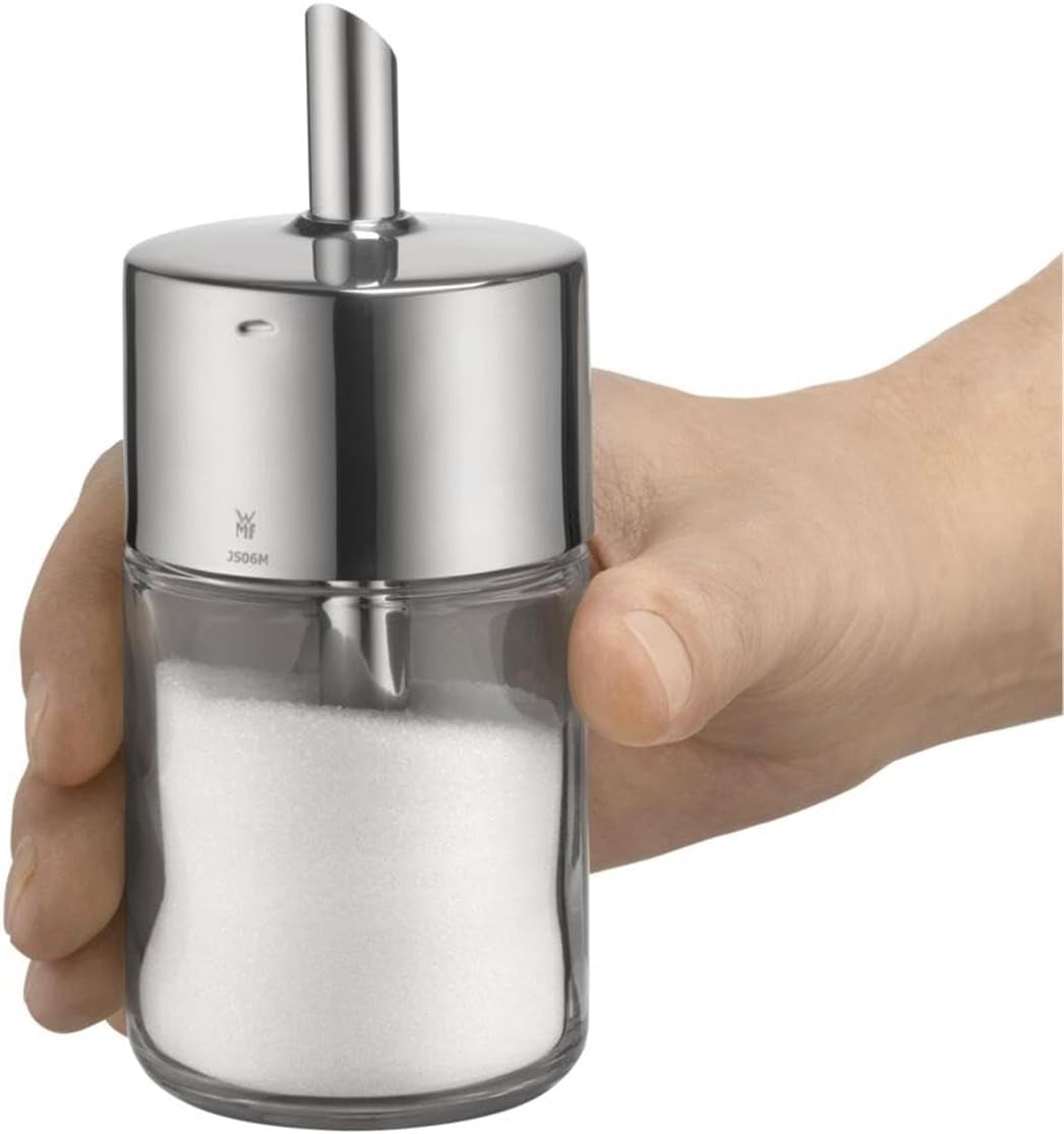 WMF Barista suikerstrooier 240 g, glas, suikerdispenser, Cromargan gepolijst roestvrij staal, ideaal voor witte/bruine suiker, cacao of als specerijenshaker