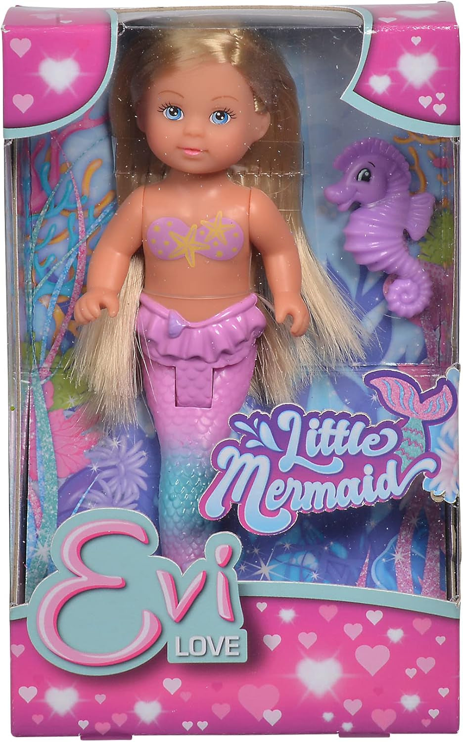 Simba 105733424 - Evi houdt van de kleine zeemeermin, op 2 manieren gesorteerd, er wordt slechts ÉÉN item geleverd, Evi als zeemeermin, beweegbare staartvin, met zeepaardje, modepop van 12 cm, vanaf 3 jaar